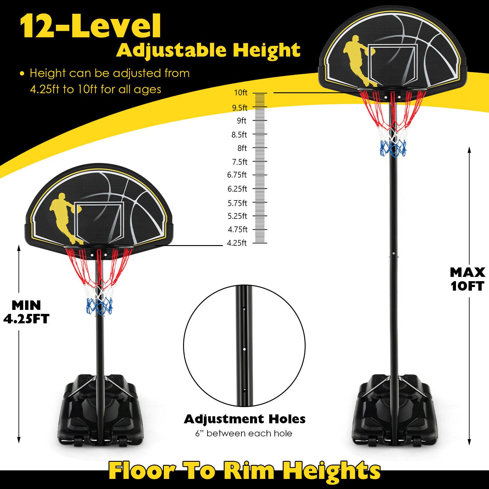 12-Level Adjustable Height  
Height can be adjusted from 4.25ft to 10ft for all ages  

MIN 4.25FT  
MAX 10FT  

Adjustment Holes  
6" between each hole  

Floor To Rim Heights