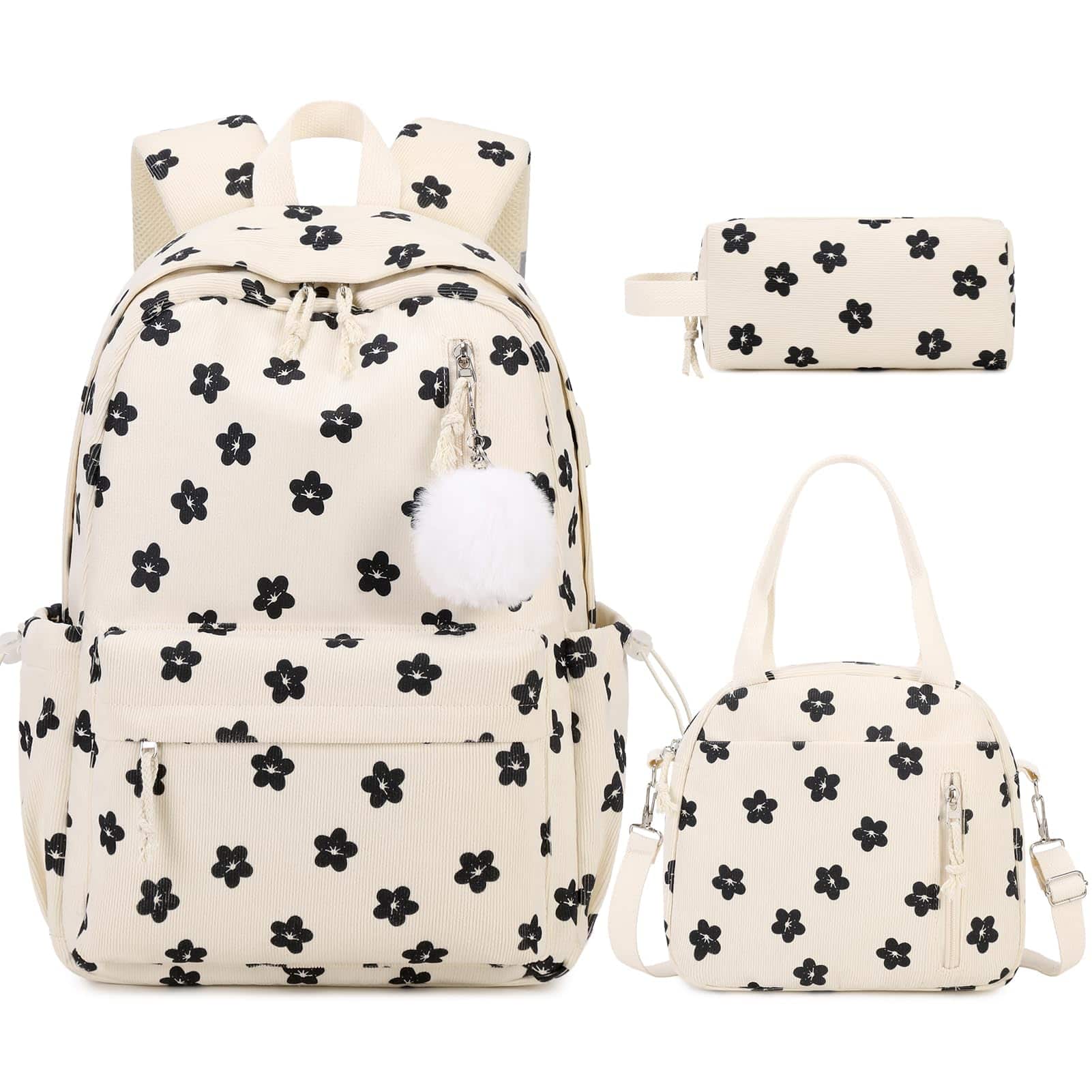 Live At Space - Backpack For Corduroy With Lunch Bag Pencil Pouch Teen Laptop Women Middle High School Bookbag Travel Daypack - Beige Flower