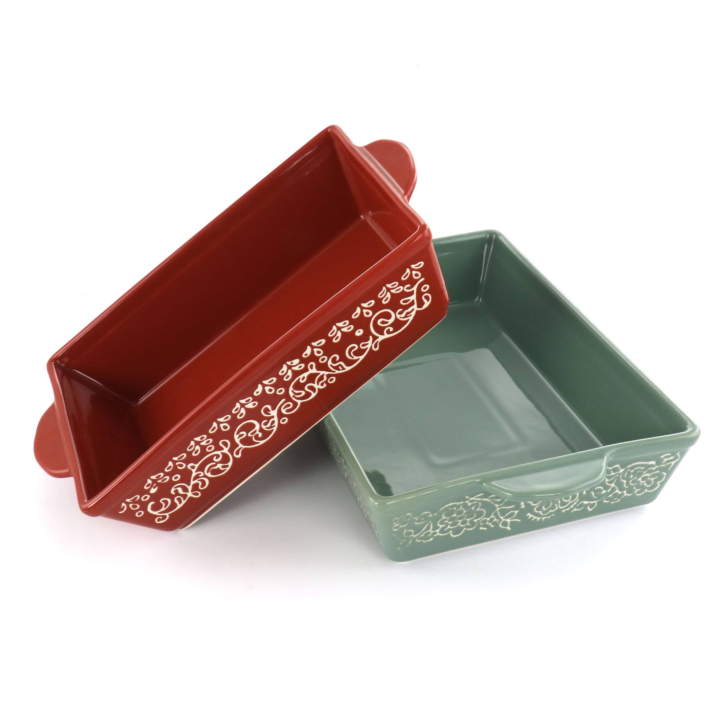 Gibson - Laurie Gates 2 Piece Tierra Wax Relief Stoneware Baker Set - Red and Mint - Thumbnail 2