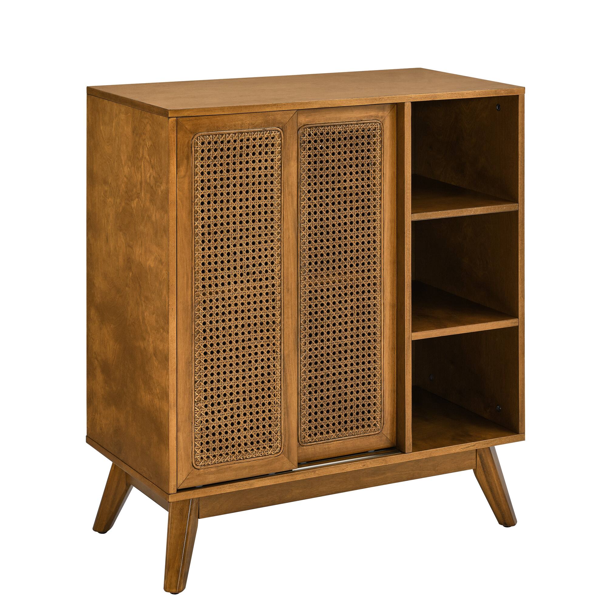 Alt View 6. Lirago - 15.75"D x 31.5"W x 36"H Mid Century Modern Rattan Sideboard Cabinet Light Wood Buffet Solid Wood Feet - Walnut.
