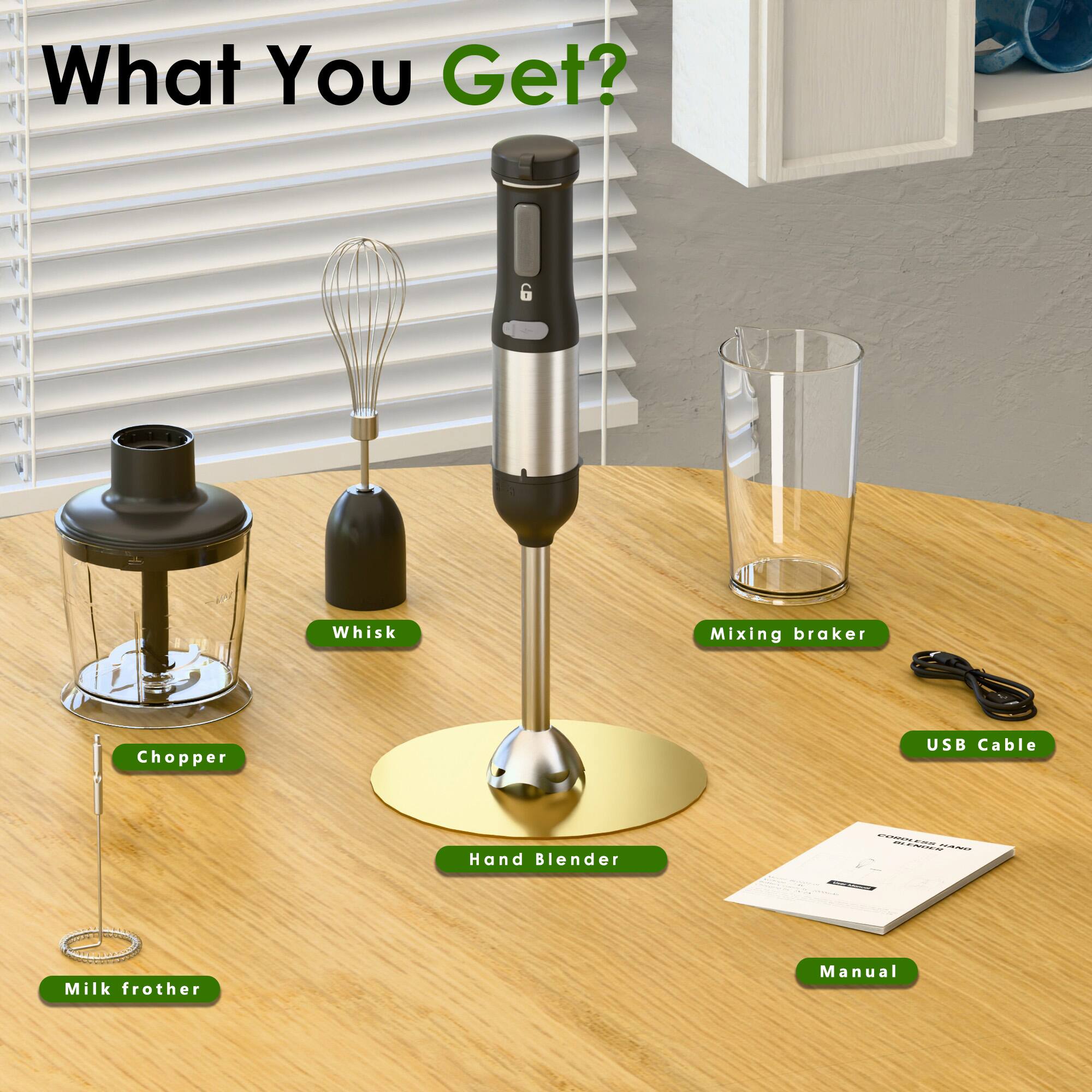 What You Get?

- Whisk
- Chopper
- Mixing beaker
- Hand Blender
- Milk frother
- USB Cable
- Manual