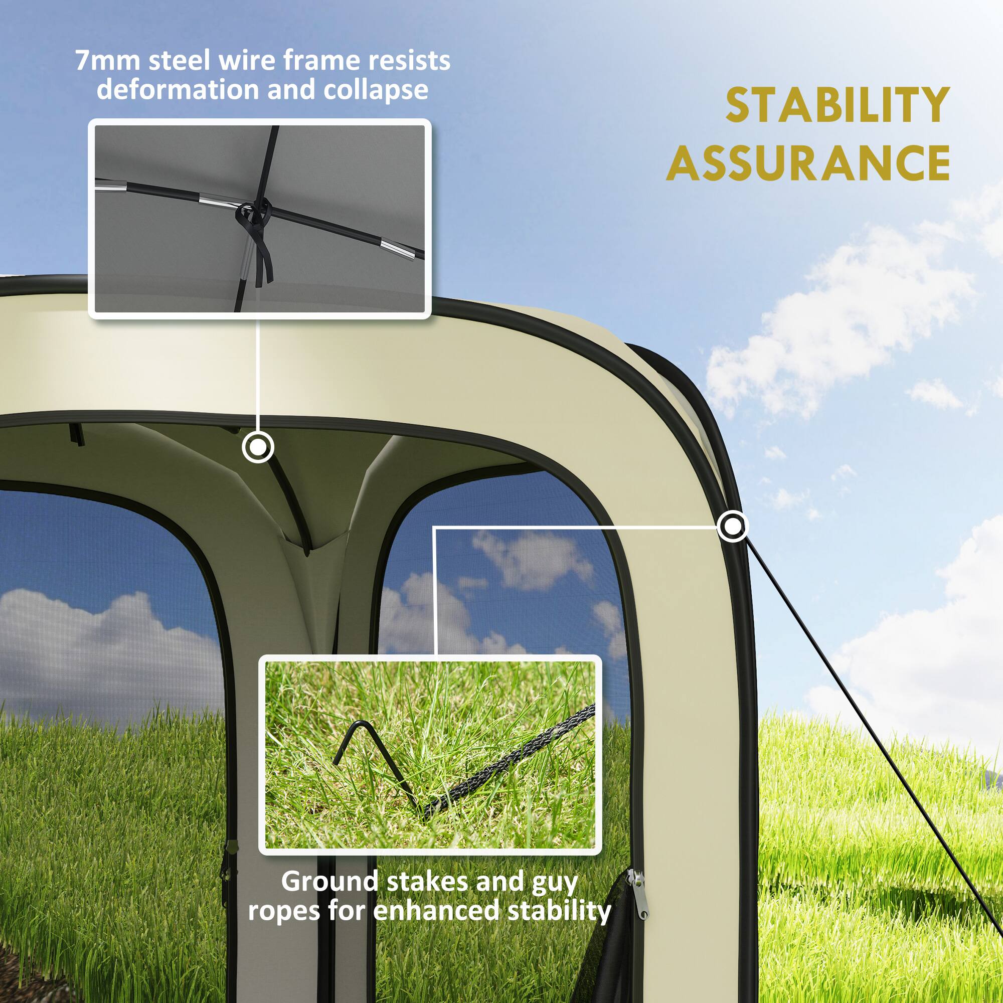 7mm steel wire frame resists deformation and collapse, Ground stakes and guy ropes for enhanced stability, STABILITY ASSURANCE