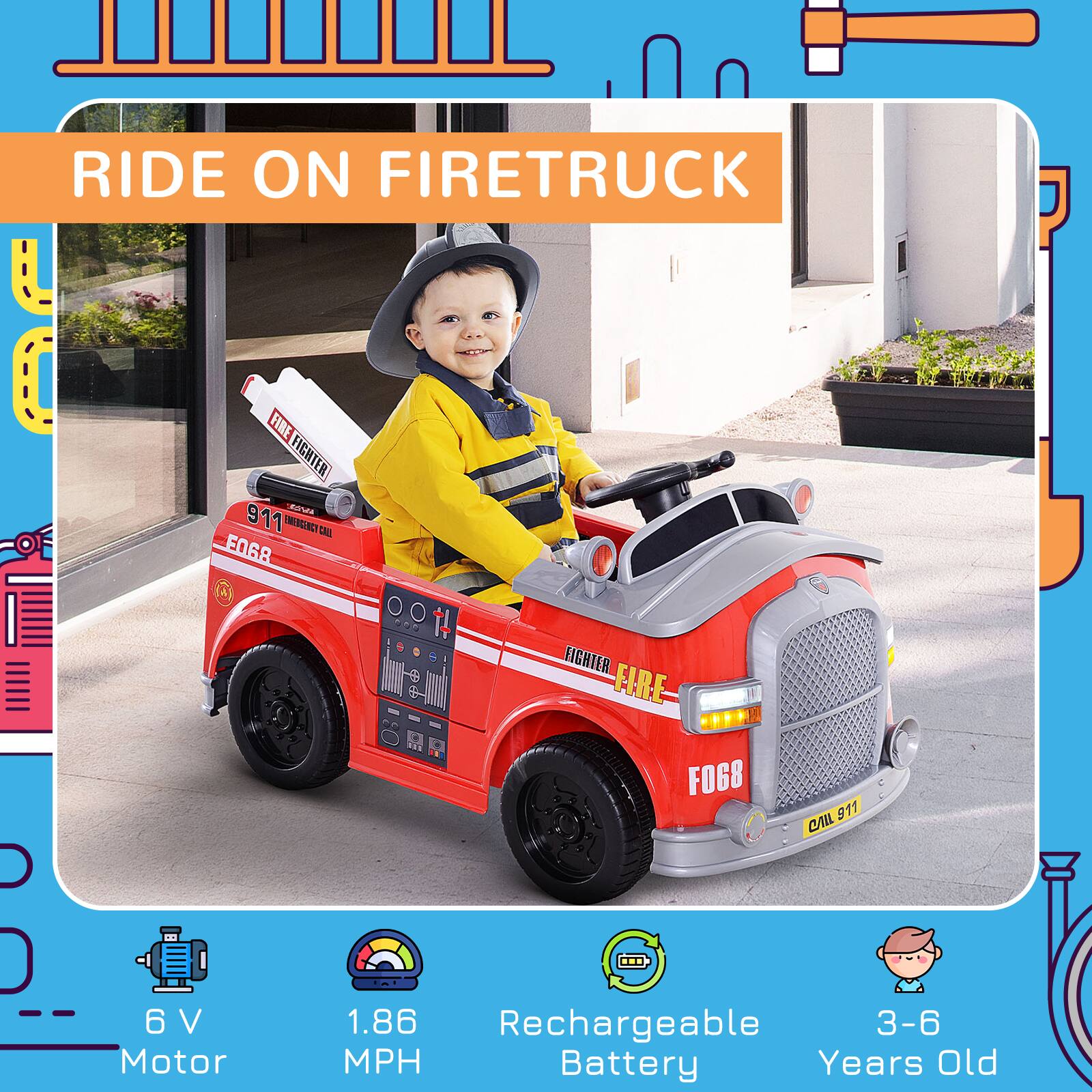 RIDE ON FIRETRUCK

- 6 V Motor
- 1.86 MPH
- Rechargeable Battery
- 3-6 Years Old

FIGHTER FIRE
FO68
CALL 911