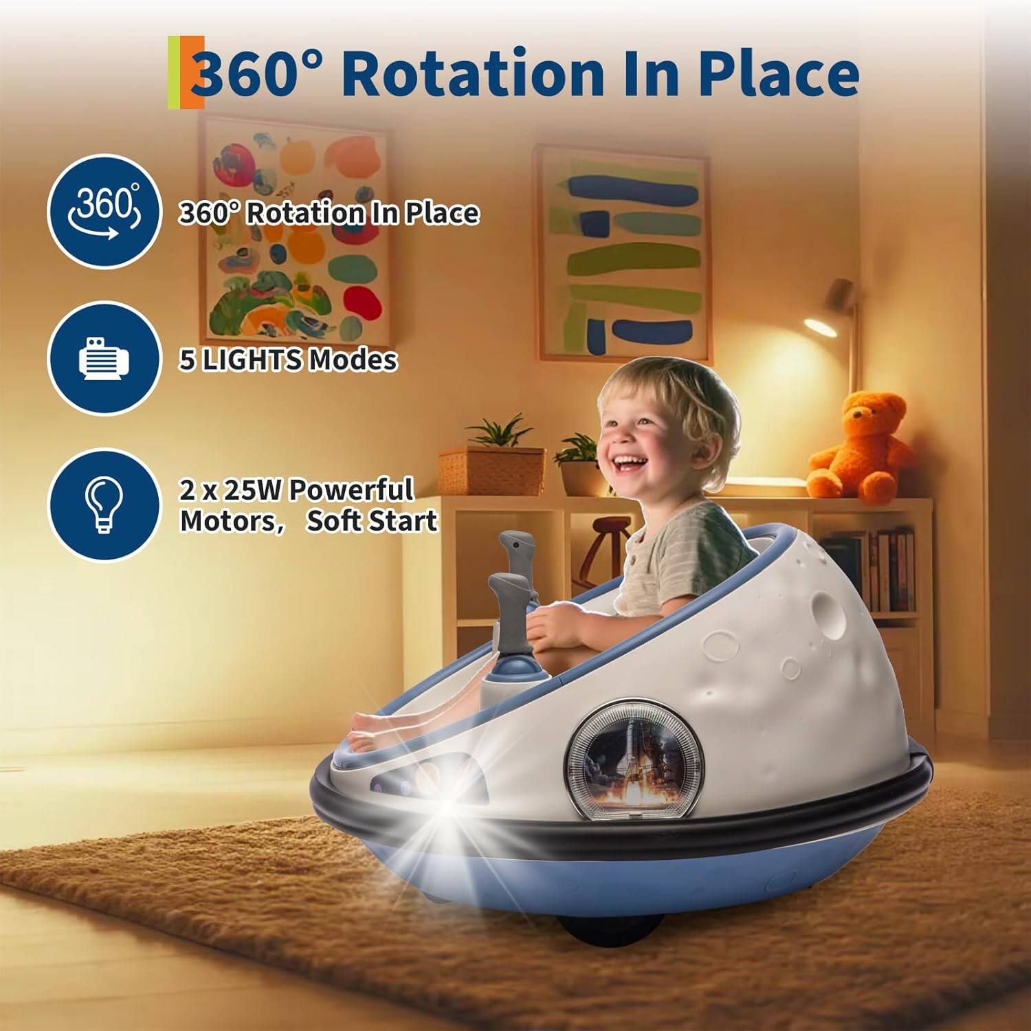 360° Rotation In Place

- 360° Rotation In Place
- 5 LIGHTS Modes
- 2 x 25W Powerful Motors, Soft Start