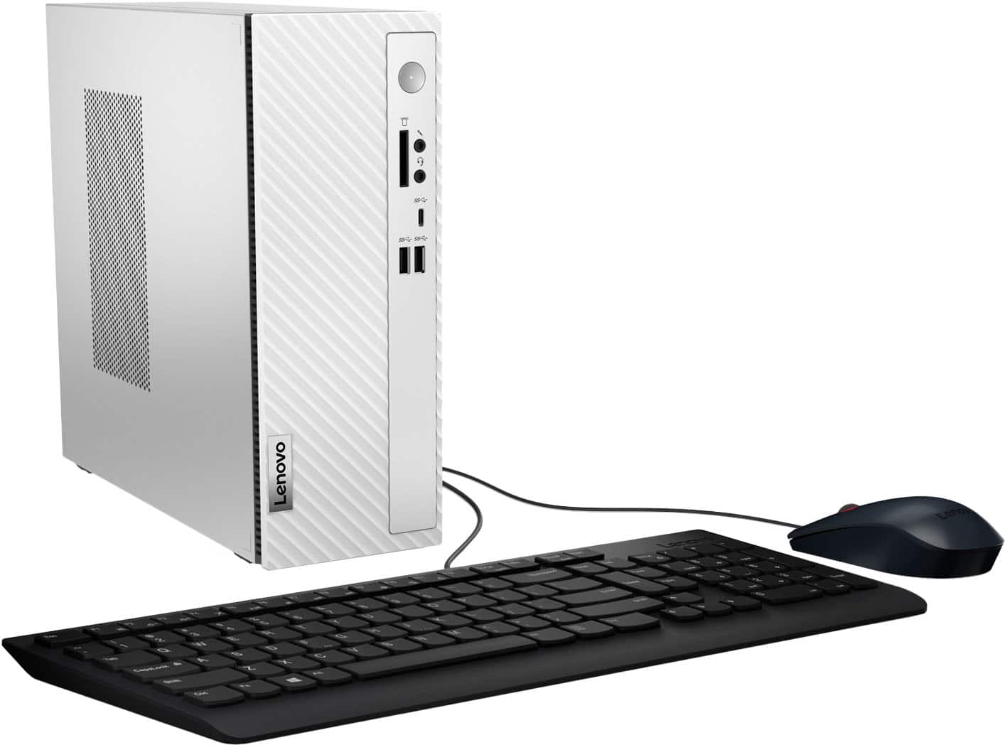 The image shows a Lenovo computer tower with a keyboard and mouse in front of it. The keyboard is black and has a wired connection to the computer. The mouse is positioned to the right of the keyboard. The computer tower is placed on a desk, and the setup appears to be ready for use.