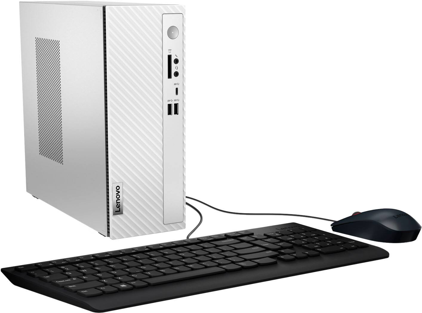 The image shows a Lenovo computer tower with a keyboard and mouse in front of it. The keyboard is black and has a wired connection to the computer. The mouse is positioned to the right of the keyboard. The computer tower is placed on a desk, and the setup appears to be ready for use.