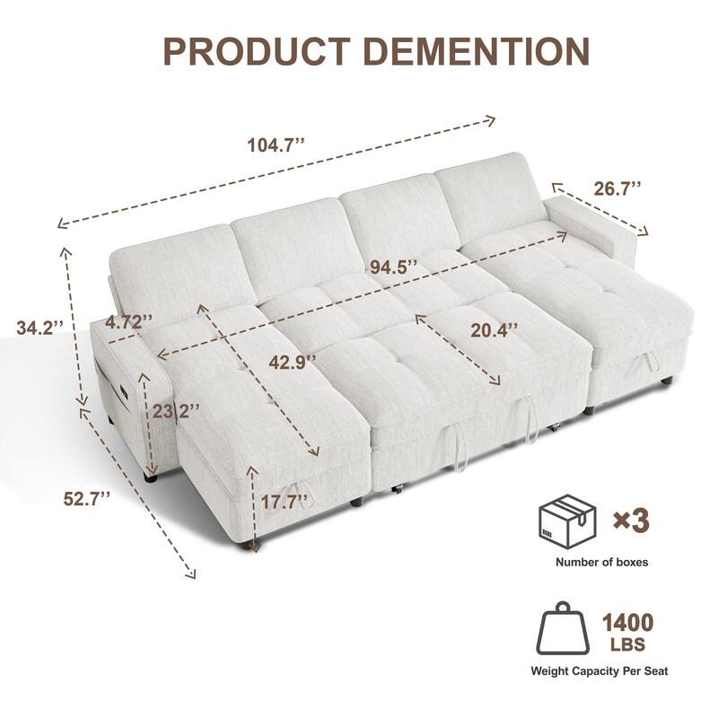 PRODUCT DIMENSION

104.7"  
26.7"  
94.5"  
34.2"  
4.72"  
20.4"  
42.9"  
23.2"  
52.7"  
17.7"  

Number of boxes: 3  
Weight Capacity Per Seat: 1400 LBS