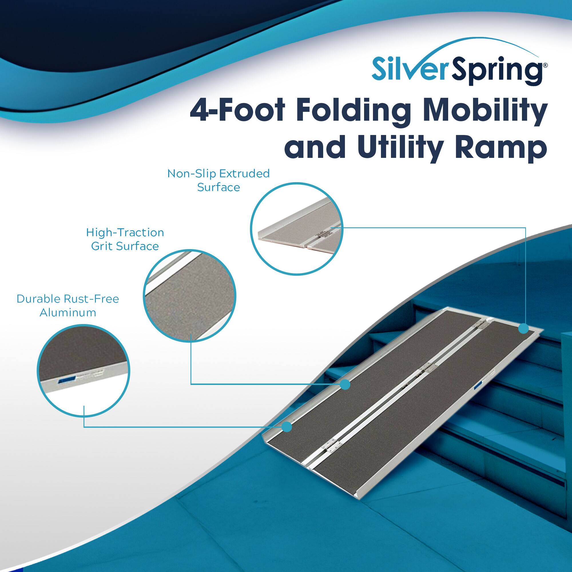 Silver Spring  
4-Foot Folding Mobility and Utility Ramp  
Non-Slip Extruded Surface  
High-Traction Grit Surface  
Durable Rust-Free Aluminum