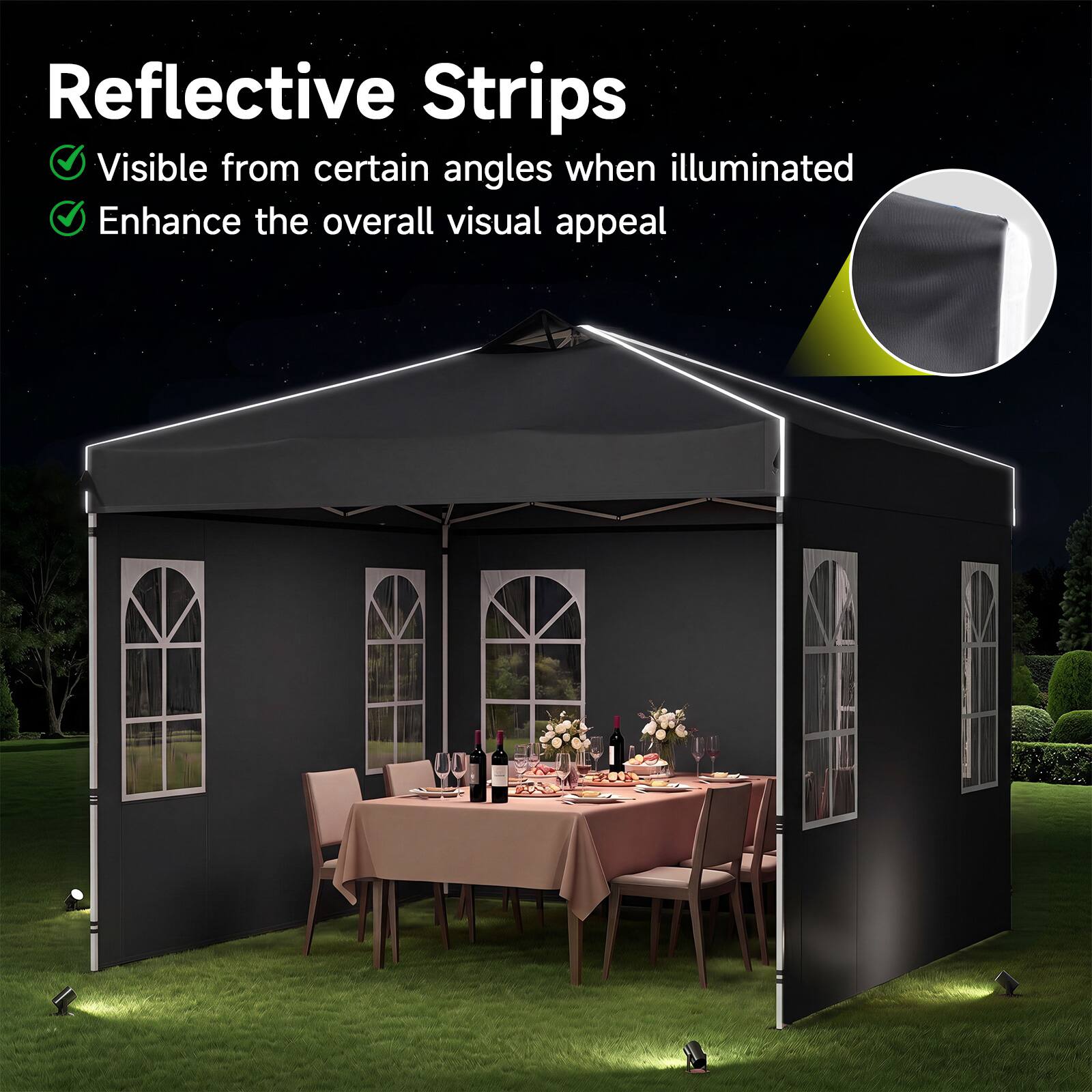 Reflective Strips  
- Visible from certain angles when illuminated  
- Enhance the overall visual appeal