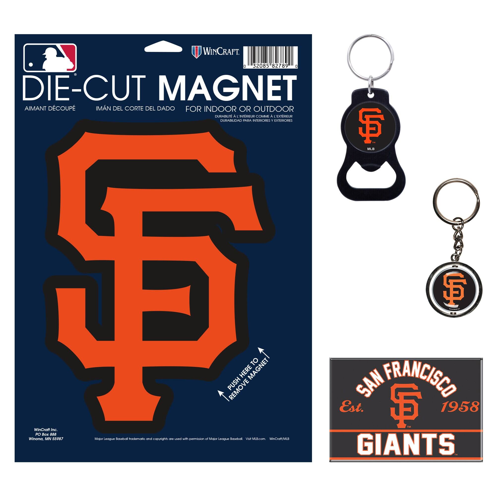**Front of the Package:**

- **Top Left:** MLB logo
- **Top Center:** WinCraft logo
- **Main Title:** DIE-CUT MAGNET
- **Subtitles:** AIMANT DÉCOUPÉ, IMÁN DEL CORTE DEL DADO, FOR INDOOR OR OUTDOOR
- **Main Image:** Large orange and black "SF" logo
- **Bottom Left:** WinCraft Inc., Winona, MN 55987
- **Bottom Center:** Major League Baseball trademarks and copyrights used with permission of Major League Baseball.
- **Bottom Right:** MLB.com, WinCraftM.com

**Instructions:**
- PUSH HERE TO REMOVE MAGNET

**Back of the Package:**

- **Top Left:** WinCraft logo
- **Top Center:** 32085 82789
- **Top Right:** Barcode
- **Middle:** SAN FRANCISCO Est. 1958 GIANTS
- **Bottom:** MLB logo

**Keychain:**

- **Design:** Black keychain with orange and black "SF" logo
- **Bottom:** MLB logo

**Other Keychain:**

- **Design:** Black keychain with orange and black