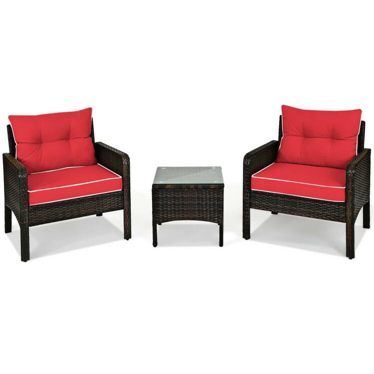 Alt View 2. Mondawe - 3 Piece Outdoor Patio Rattan Conversation Set with Seat Cushions for Garden - Red.