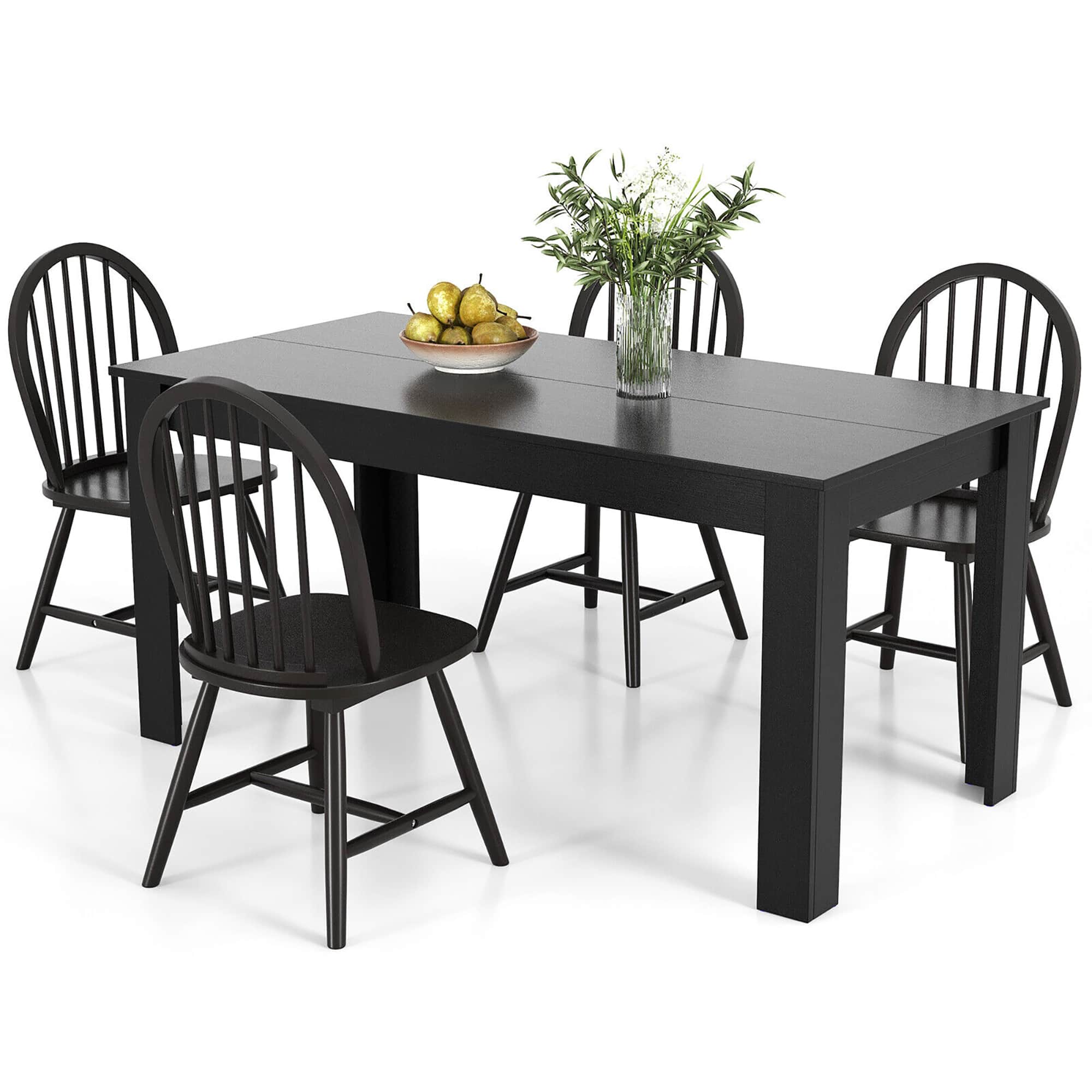 Gymax - 5 PCS Dining Set Rectangular Wooden Dining Table 4 Windsor Chairs Kitchen - Black