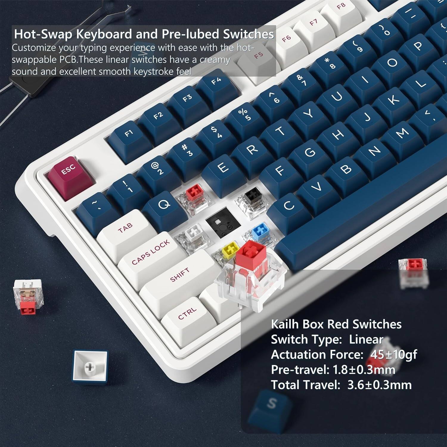 Hot-Swap Keyboard and Pre-lubed Switches

Customize your typing experience with ease with the hot-swappable PCB. These linear switches have a creamy sound and excellent smooth keystroke feel.

Kailh Box Red Switches
Switch Type: Linear
Actuation Force: 45±10gf
Pre-travel: 1.8±0.3mm
Total Travel: 3.6±0.3mm