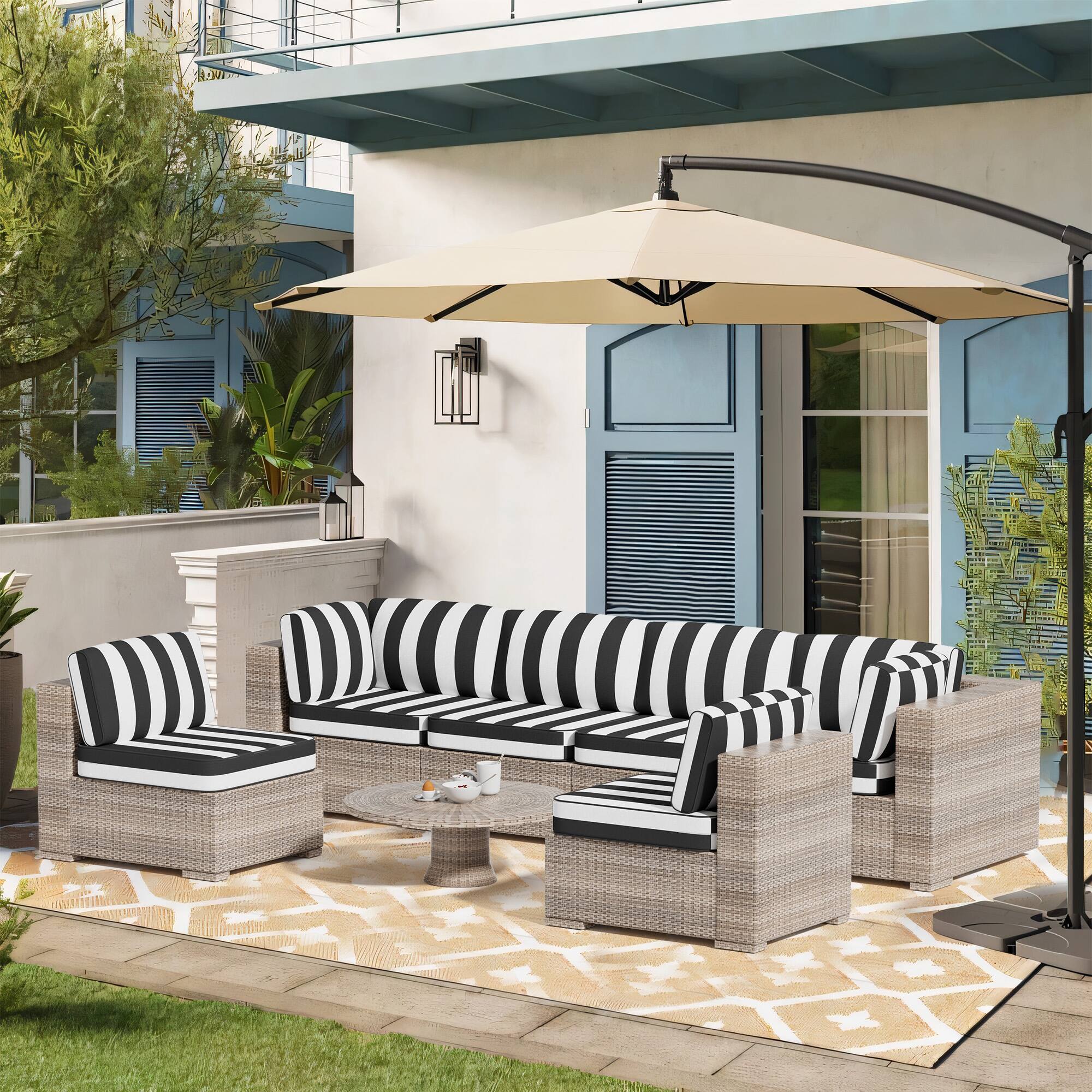 Angle. RYHNUYNE - 14-Piece Outdoor Patio Sofa Cushions,Black and White Stripes Seat Cushion, Water-Resistant Patio Furniture Cushion - Black and white stripes.