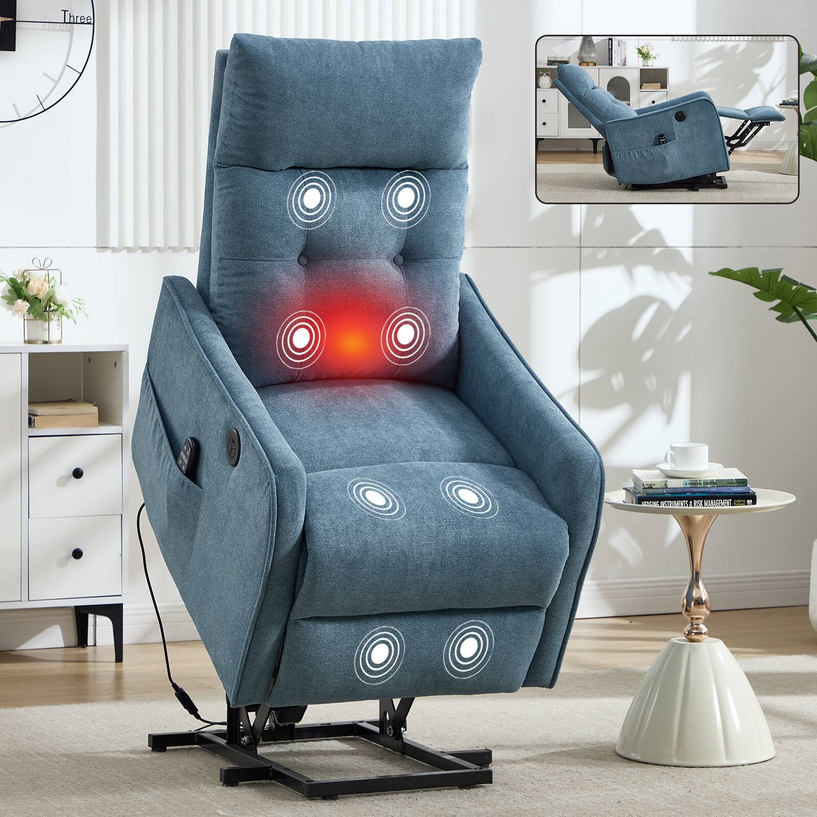 Angle. LUCKY ONE - Chenille Single Motor Power Lift Recliner Chair with Massage, Heat & USB Charging - Blue.