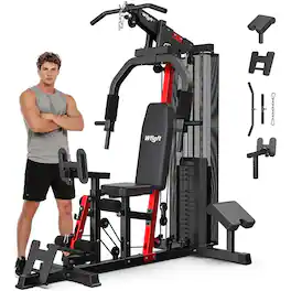 Pooboo - Home Gym Station, Workout Equipment with 148LBS Weight Stack, Multifunctional Home Power Tower Full Body - Black