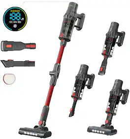 JIGOO - C500 Cordless Vacuum Cleaner, 500W All-In-One Stick Vacuum with LED, 33KPa Suction, 60min Runtime, Smart Dust Sensor - Red/Grey