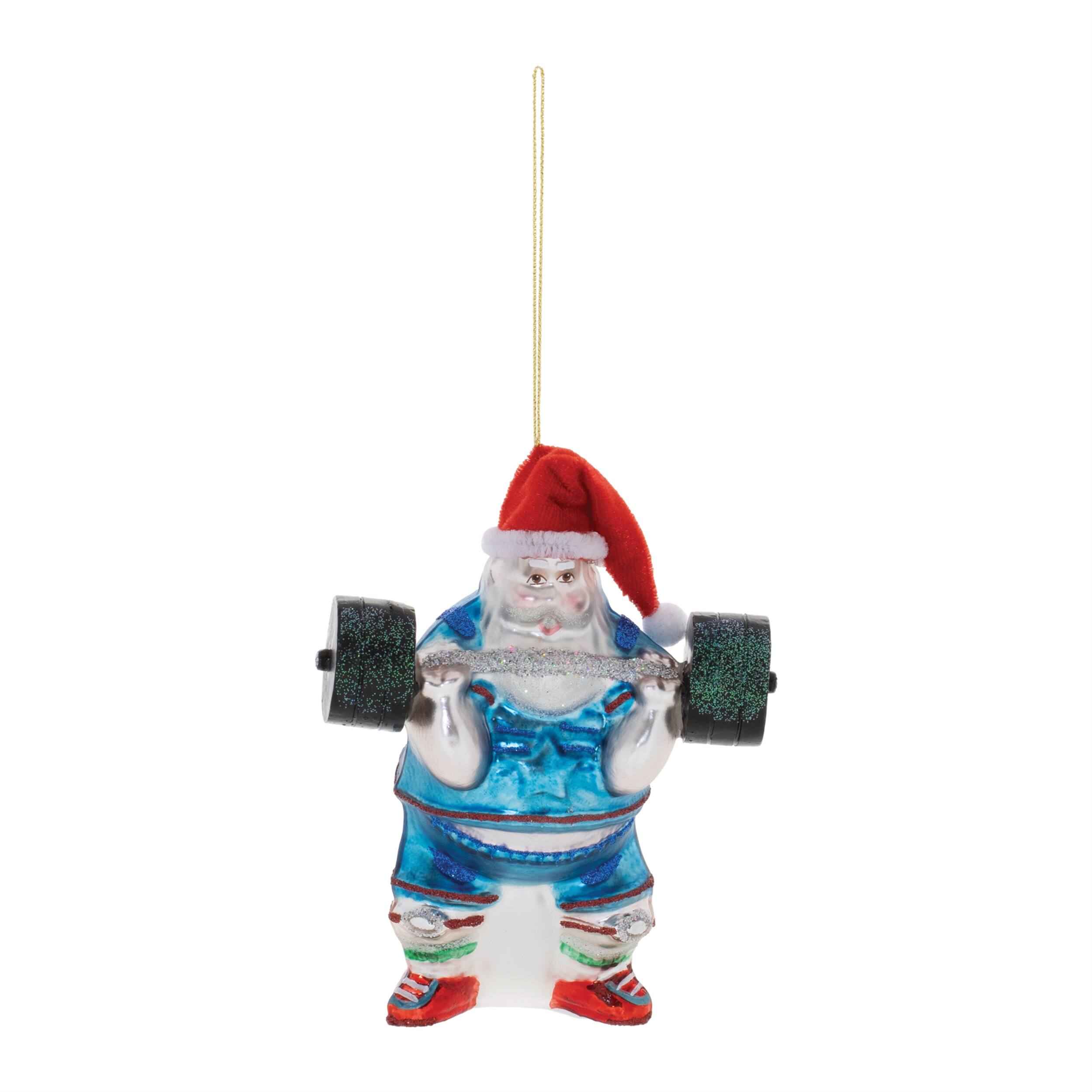 Angle. BreeBe - Weight Lifter Santa Ornaments – Set of 6 - Blue, White, Red.