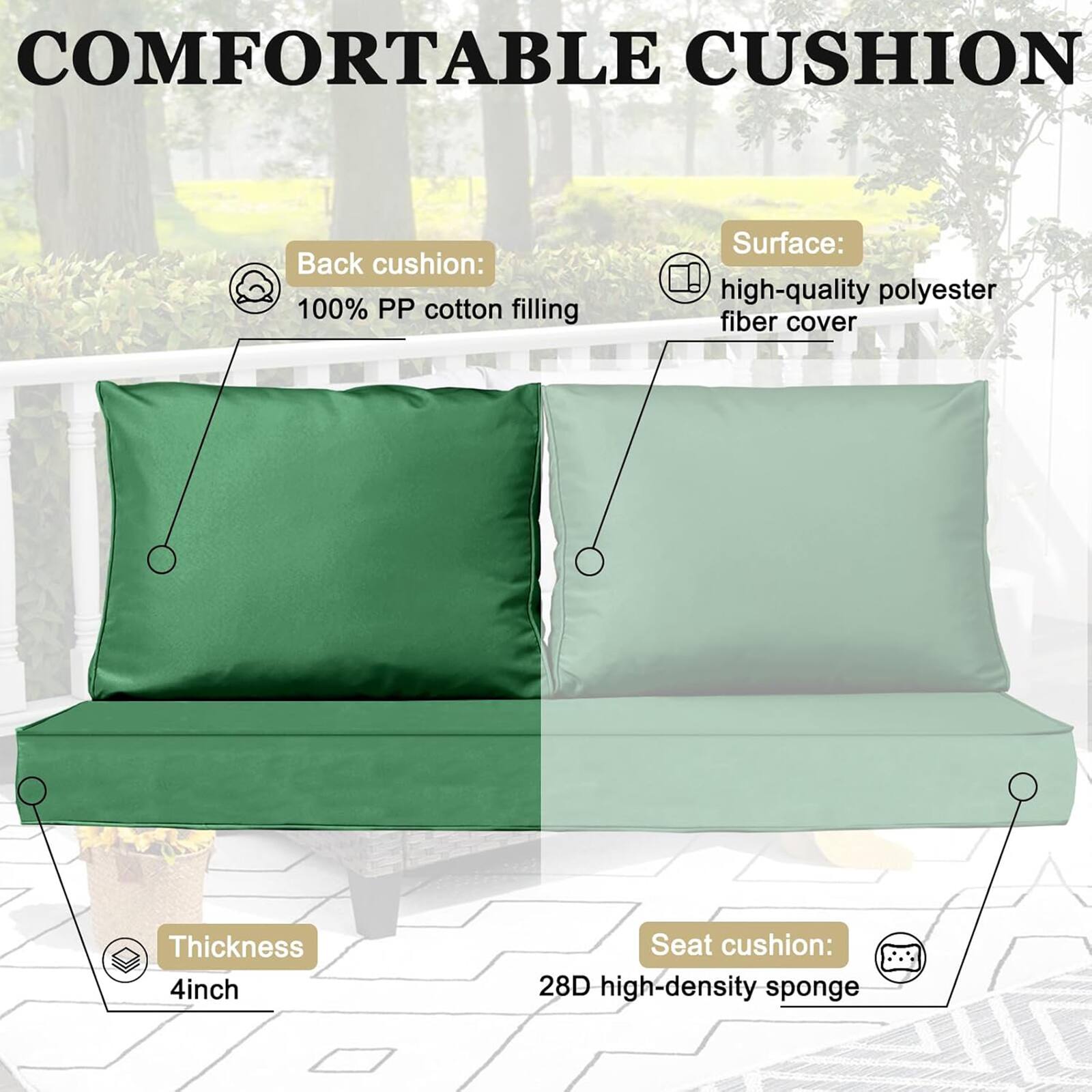 COMFORTABLE CUSHION

Back cushion: 100% PP cotton filling

Surface: high-quality polyester fiber cover

Thickness: 4 inch

Seat cushion: 28D high-density sponge