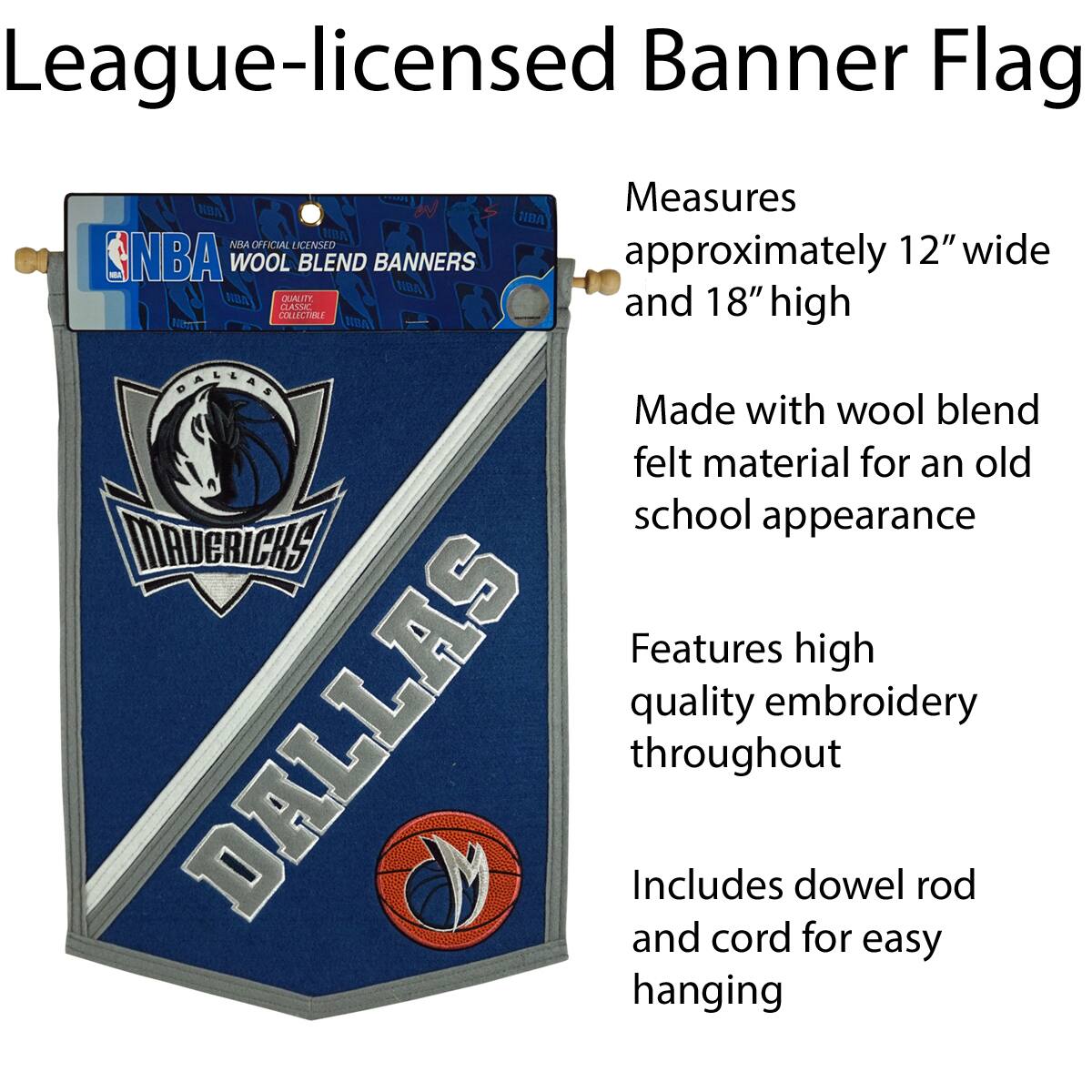 League-licensed Banner Flag

Measures approximately 12" wide and 18" high

Made with wool blend felt material for an old school appearance

Features high quality embroidery throughout

Includes dowel rod and cord for easy hanging