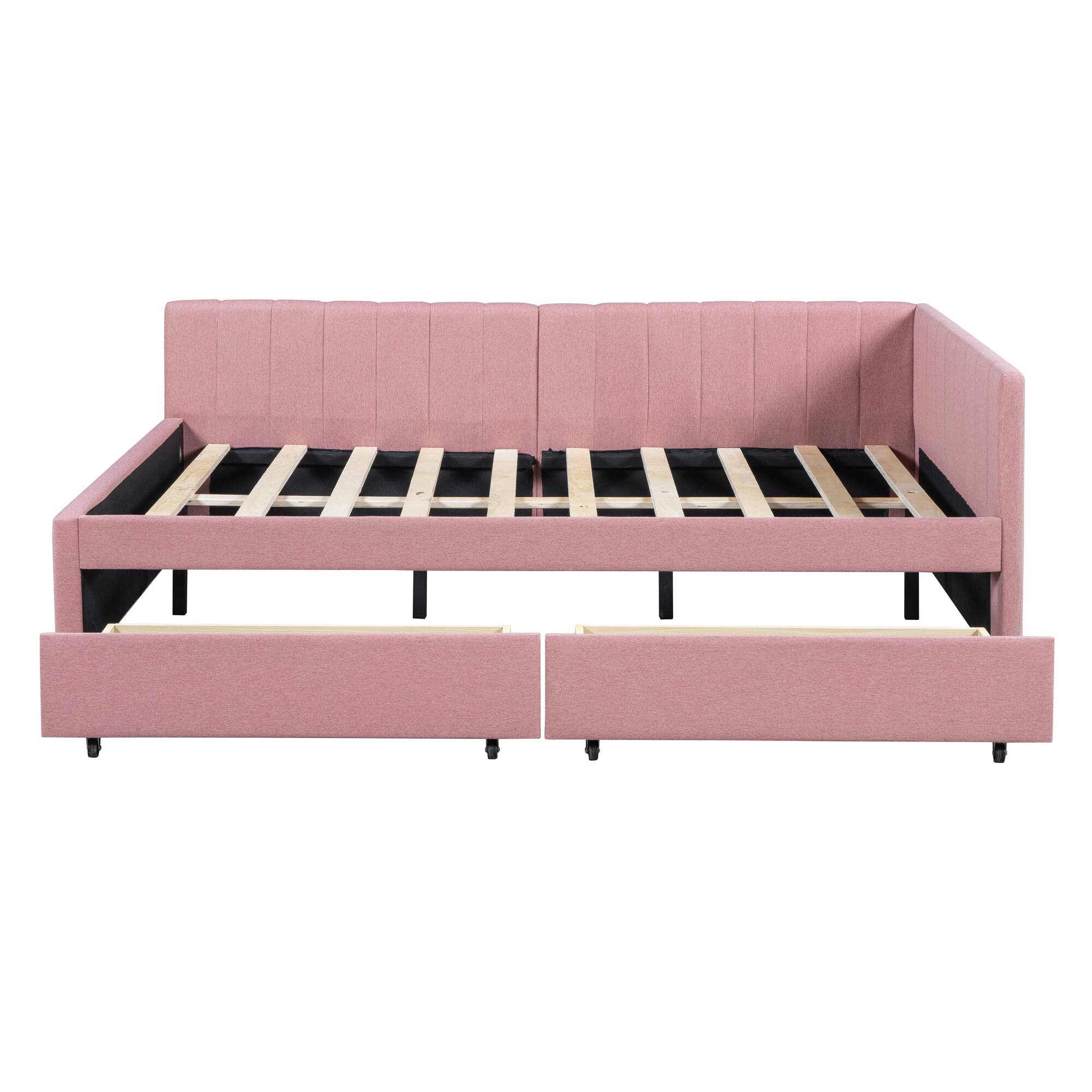 Left. Tiramisubest - Full Size Upholstered Daybed with 2 Storage Drawers Sofa Bed Frame No Box Spring Needed, Linen Fabric (Pink) - Pink.