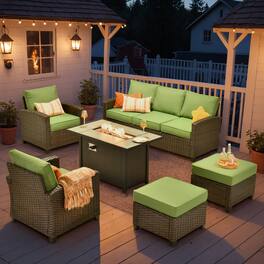 Ovios - 6 PCS Patio Furniture with 42" Fire Pit Table, Comfy 3 Seat Sofa with Armchairs and Ottomans for Garden - Green