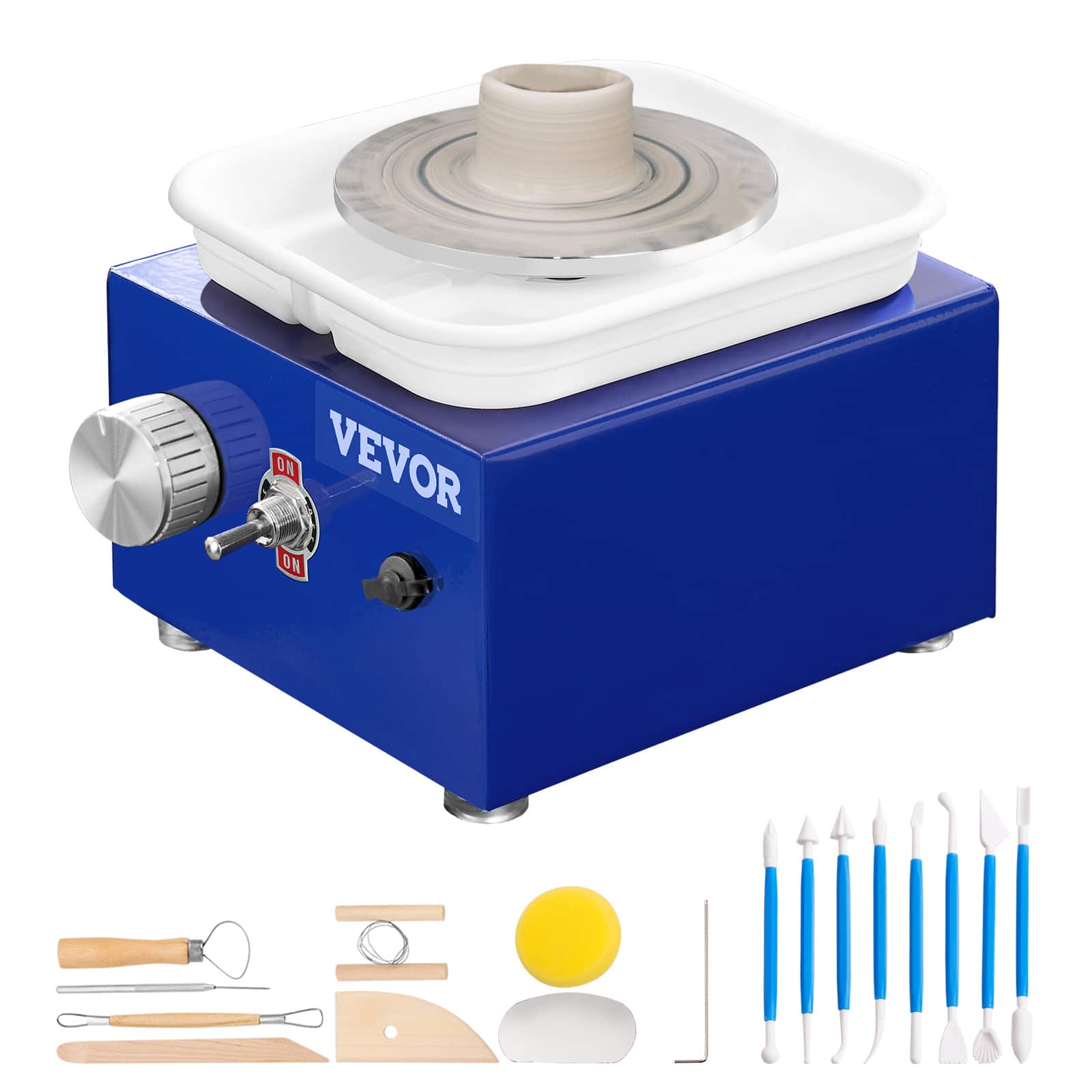 Front. VEVOR - Mini Pottery Wheel, for Kids or Beginners, 2 Turntables 2.6in/3.9in Ceramic Wheel Machine, Adjustable 0-300RPM Speed - Blue.