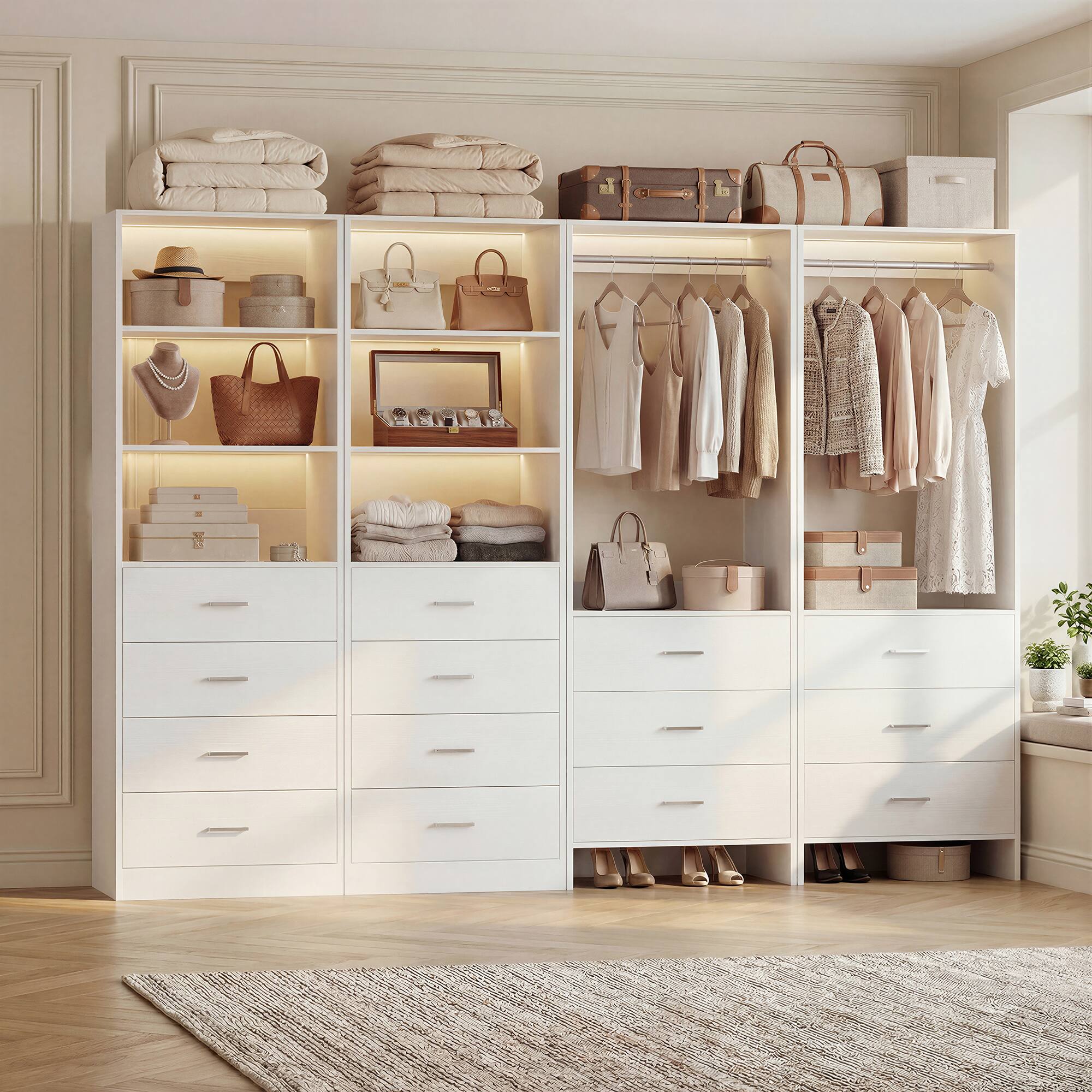 Front. Aheaplus - 90'' Walk-in Closet Organizer System with 14 Drawers, 2 Hanging Rods and Adjustable Shelves - White.