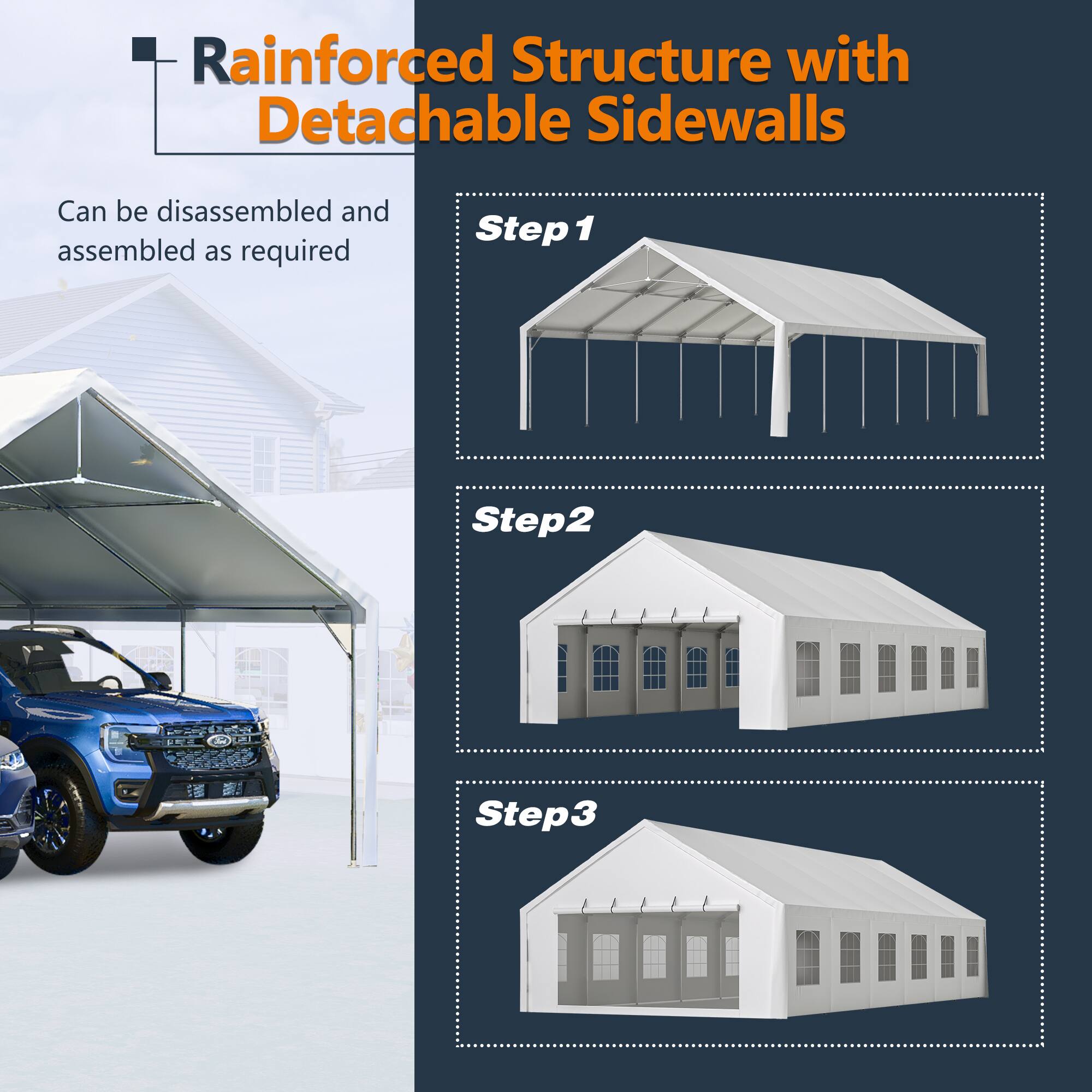 Rainforced Structure with Detachable Sidewalls

Can be disassembled and assembled as required

Step 1

Step 2

Step 3