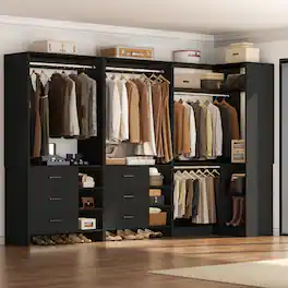 Aheaplus - 61'' - 92.6'' W L-Shaped Closet System - Corner Wardrobe System with 6 Drawers, 4 Hanging Rods, and Shelves - Black