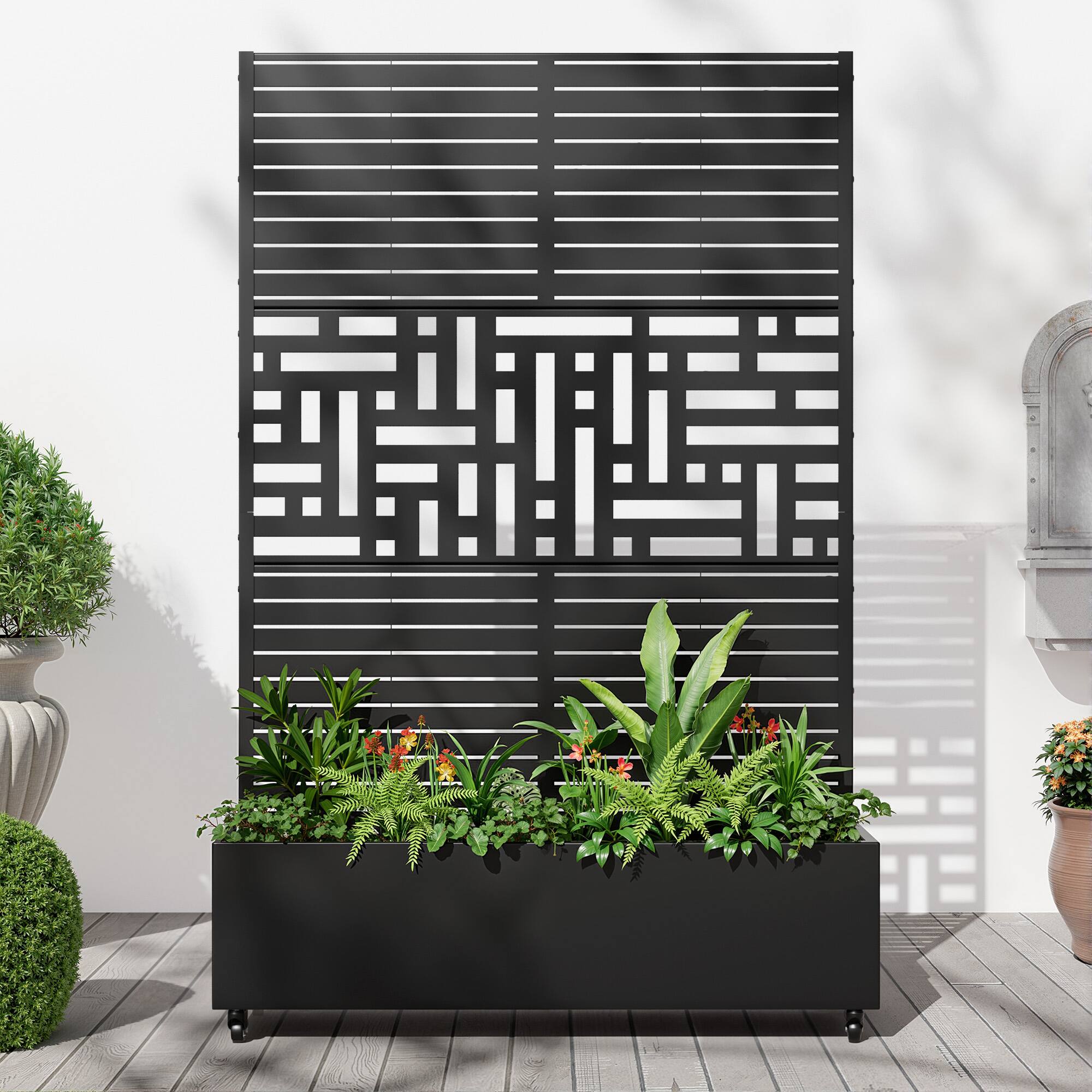 Alt View 1. PexFix - 72 in. H x 47 in. W Loulen Pattern Rectangle Metal Planter Box Raised Garden Beds with Trellis-Ideal for Balcony - Black.