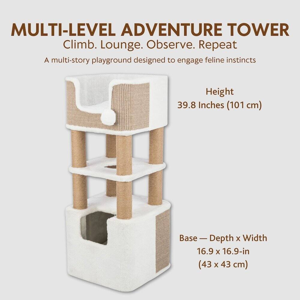 MULTI-LEVEL ADVENTURE TOWER  
Climb. Lounge. Observe. Repeat  

A multi-story playground designed to engage feline instincts  

Height: 39.8 Inches (101 cm)  

Base — Depth x Width: 16.9 x 16.9-in (43 x 43 cm)