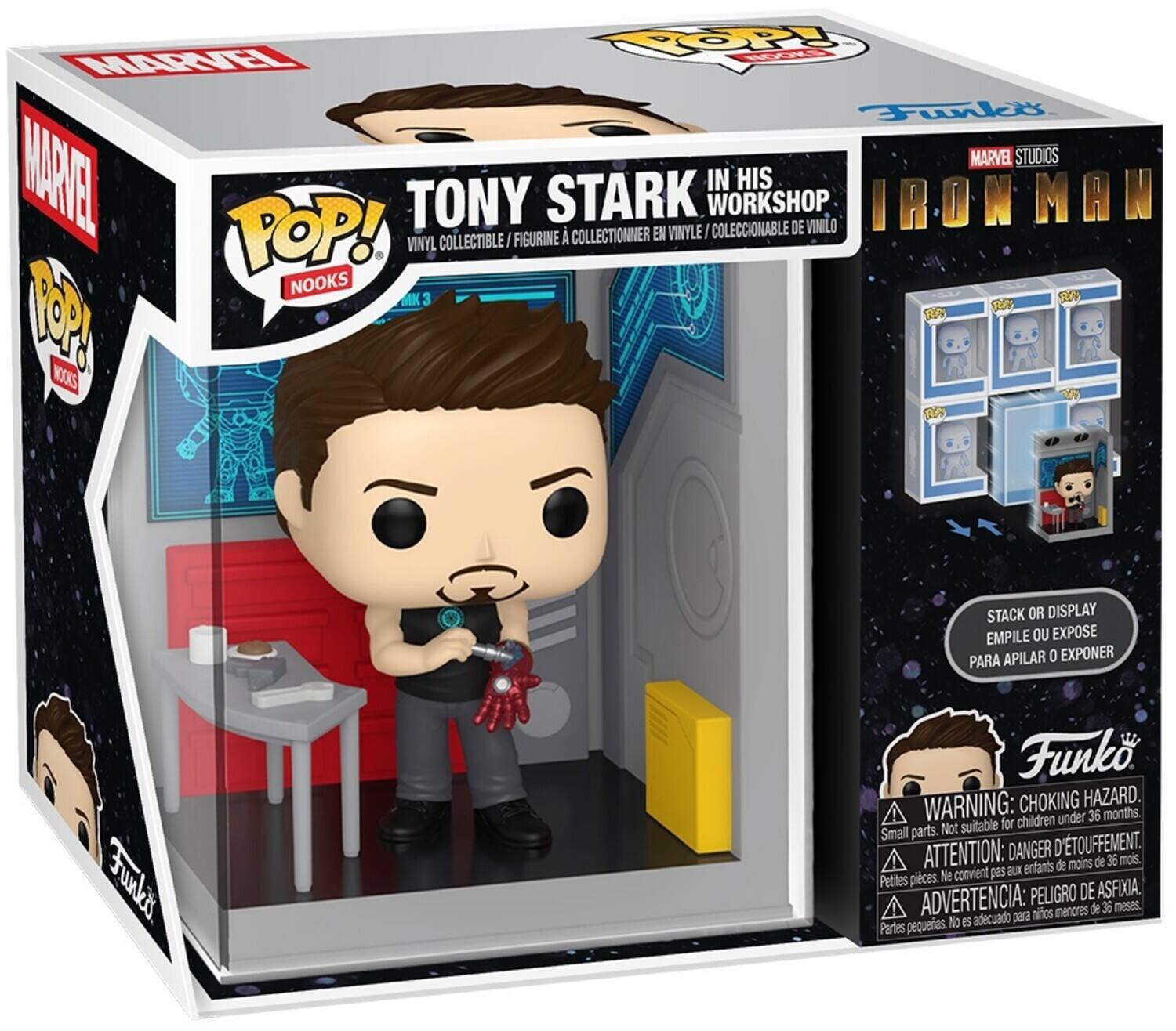 Sure, here is the corrected and grouped text from the image:

---

**MARVEL STUDIOS**

**POP!**  
**TONY STARK**  
**IN HIS WORKSHOP**  
**IRON MAN**  
**VINYL COLLECTIBLE / FIGURINE À COLLECTIONNER EN VINYLE / COLECCIONABLE DE VINILO**

**NOOKS**

**STACK OR DISPLAY**  
**EMPILER OU EXPOSER**  
**PARA APILAR O EXPONER**

**WARNING: CHOKING HAZARD**  
**ATTENTION: DANGER D'ETOUFFEMENT**  
**ADVERTENCIA: PELIGRO DE ASFIXIA**

**Small parts. Not suitable for children under 36 months.**  
**Petites pièces. Ne convient pas aux enfants de moins de 36 mois.**  
**Partes pequeñas. No es adecuado para niños menores de 36 meses.**

**Funko**

---