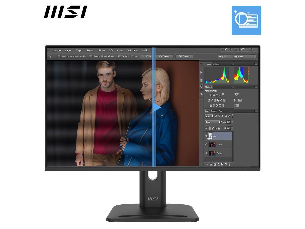 II a Image Layer Type Select Filter 3D View Window Help 6 - x Resize Windows to Fit Zoom All Winslowes Scrubby Zoom 100% Fit Screen PIE Screen Photography Histogram Sevigne Adjustment A - aotment Z " I Leen Channels Fachu DEN e T 2 Normal Opacity 100% La 1 J00 - Taotaa Fashn 0