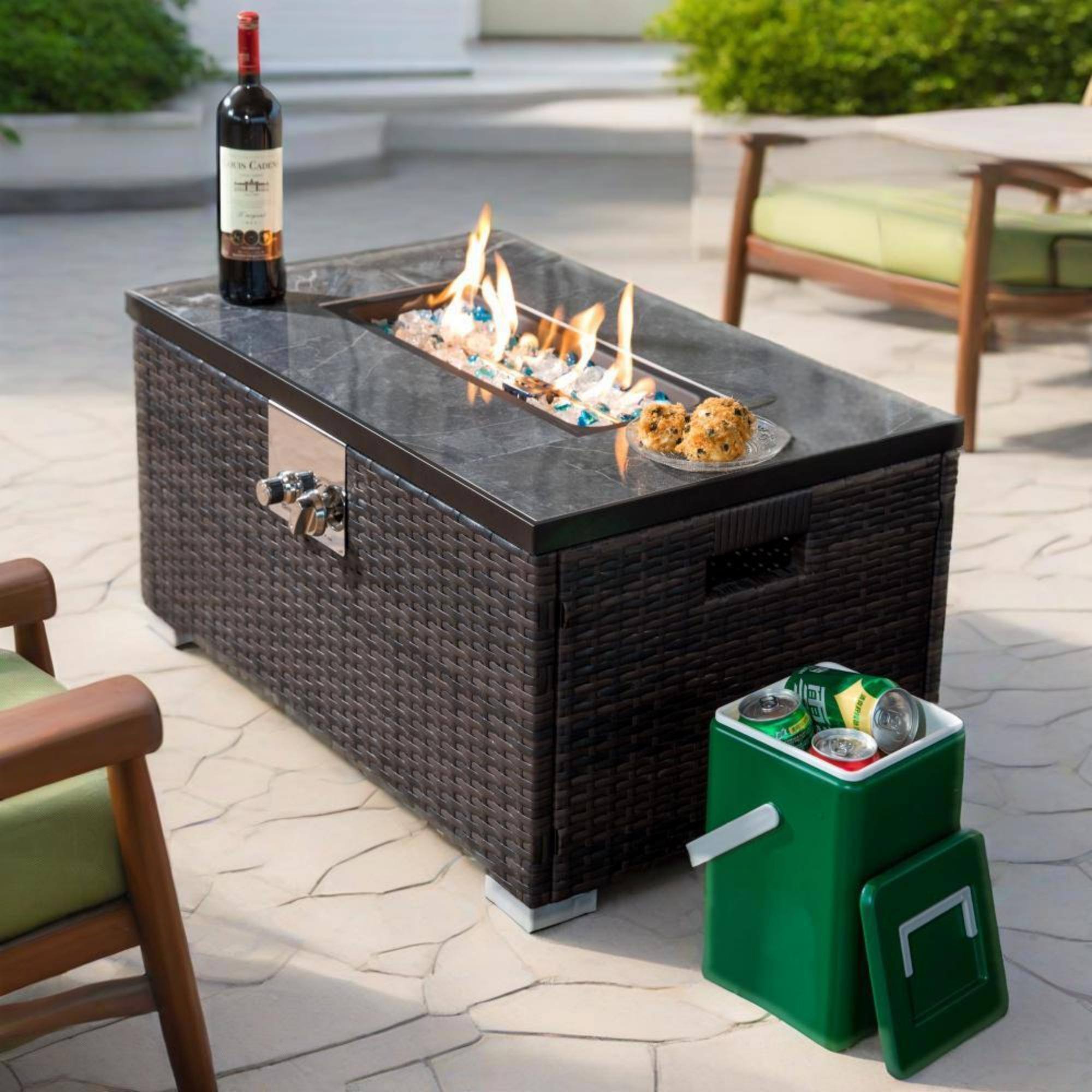 Alt View 1. Spaco - 32" Propane Fire Pit Table, 50000 BTU Rectangular Firepit with Tile Top and Wicker Base for Patio Garden - Brown.
