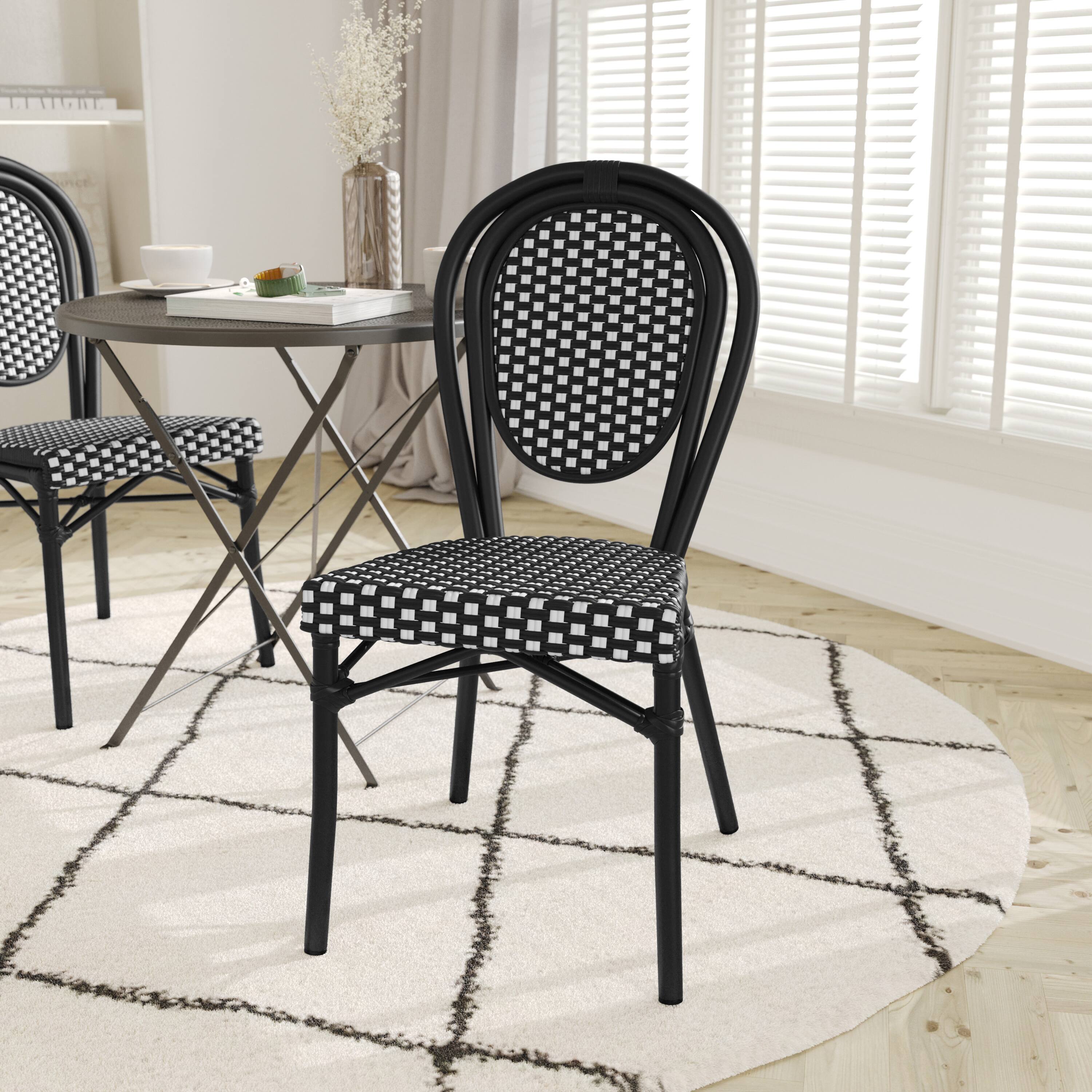 Alt View 1. Emma + Oliver - Colmar Indoor/Outdoor Stacking Thonet Bistro Style Chair with PE Rattan Seat and Metal Frame - Black & White/Black Frame.