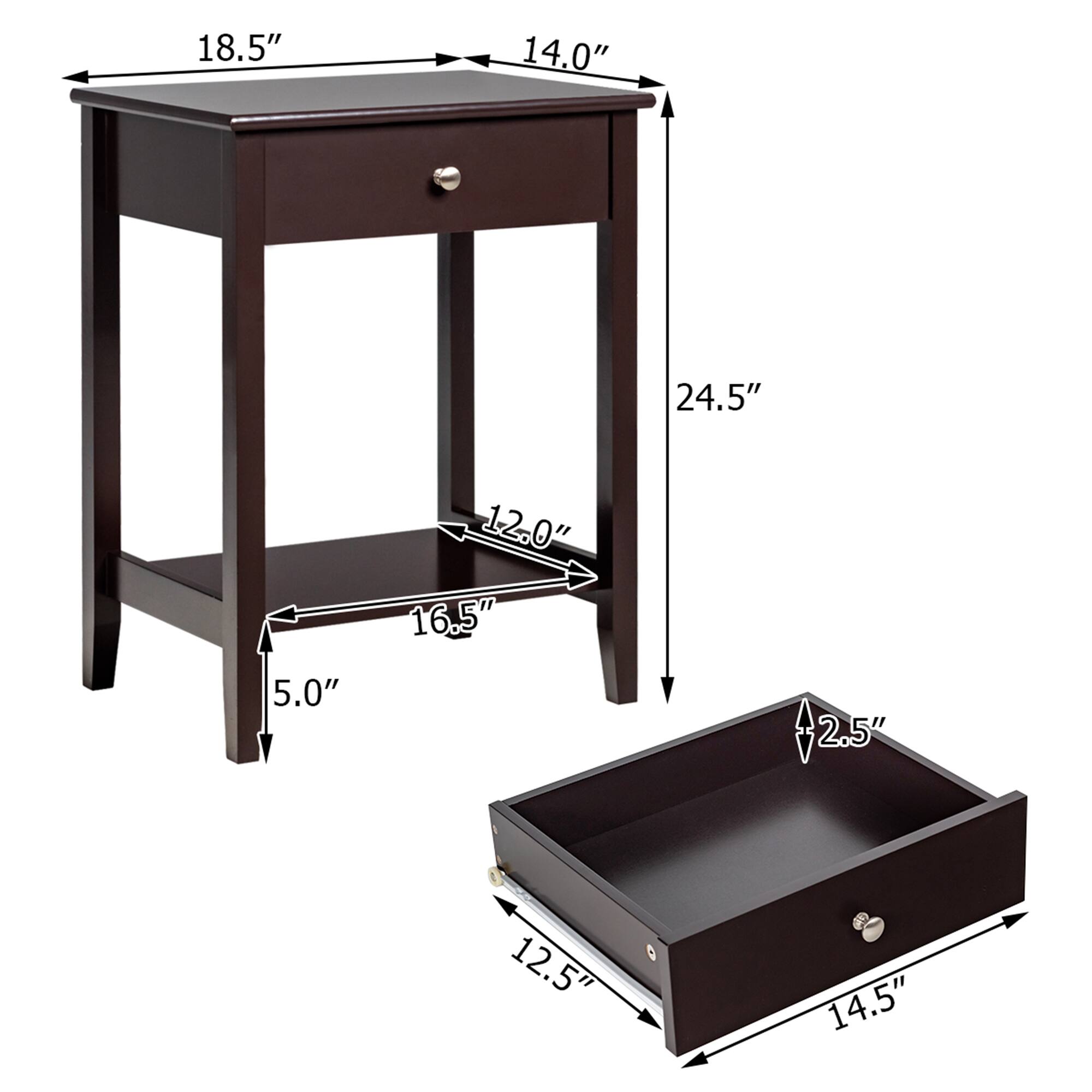 The dimensions of the table are as follows:

- Width: 18.5"
- Depth: 14.0"
- Height: 24.5"
- Drawer Height: 5.0"
- Drawer Width: 12.0"
- Drawer Depth: 16.5"
- Leg Width: 2.5"
- Leg Depth: 12.5"