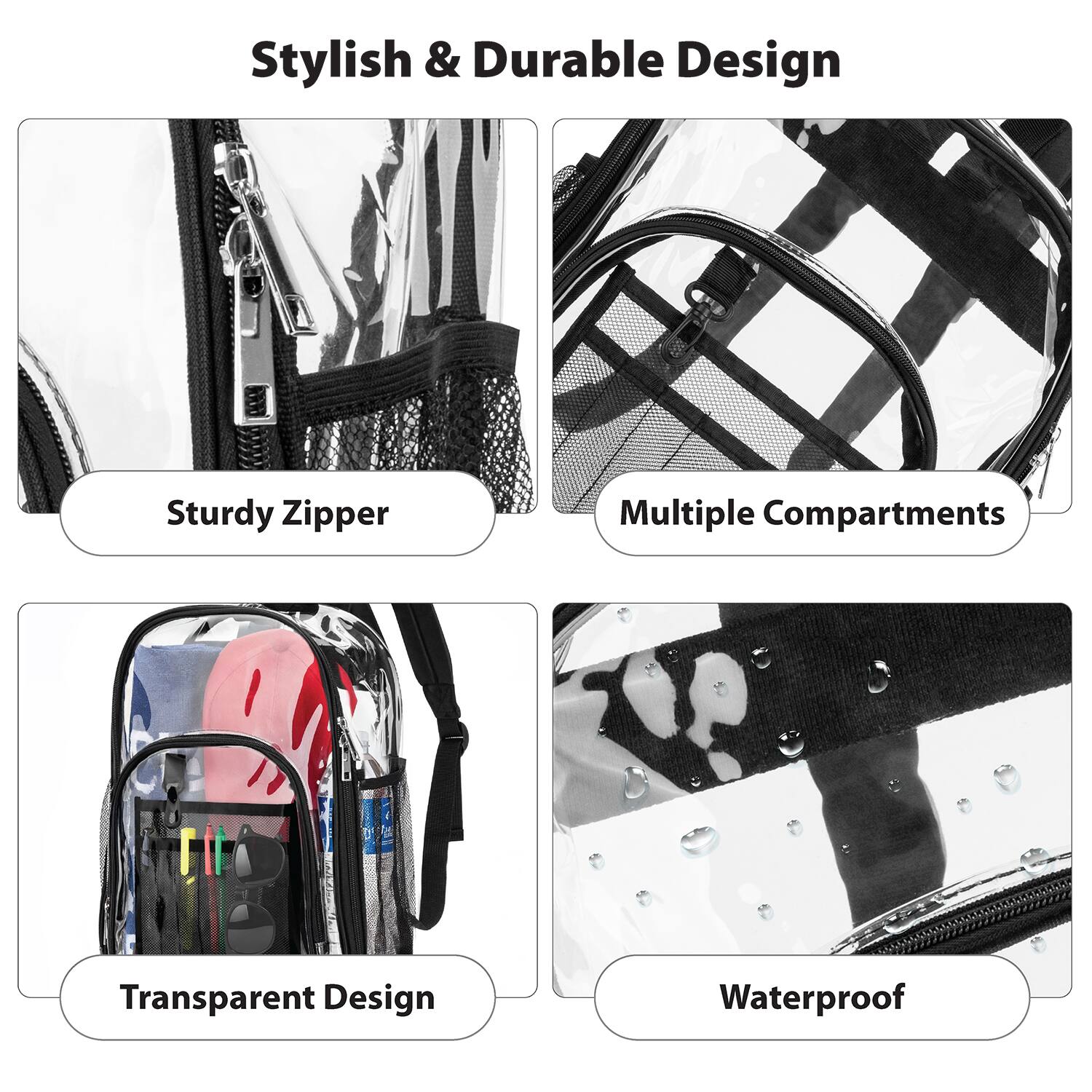 Stylish & Durable Design  
Sturdy Zipper  
Multiple Compartments  
Transparent Design  
Waterproof