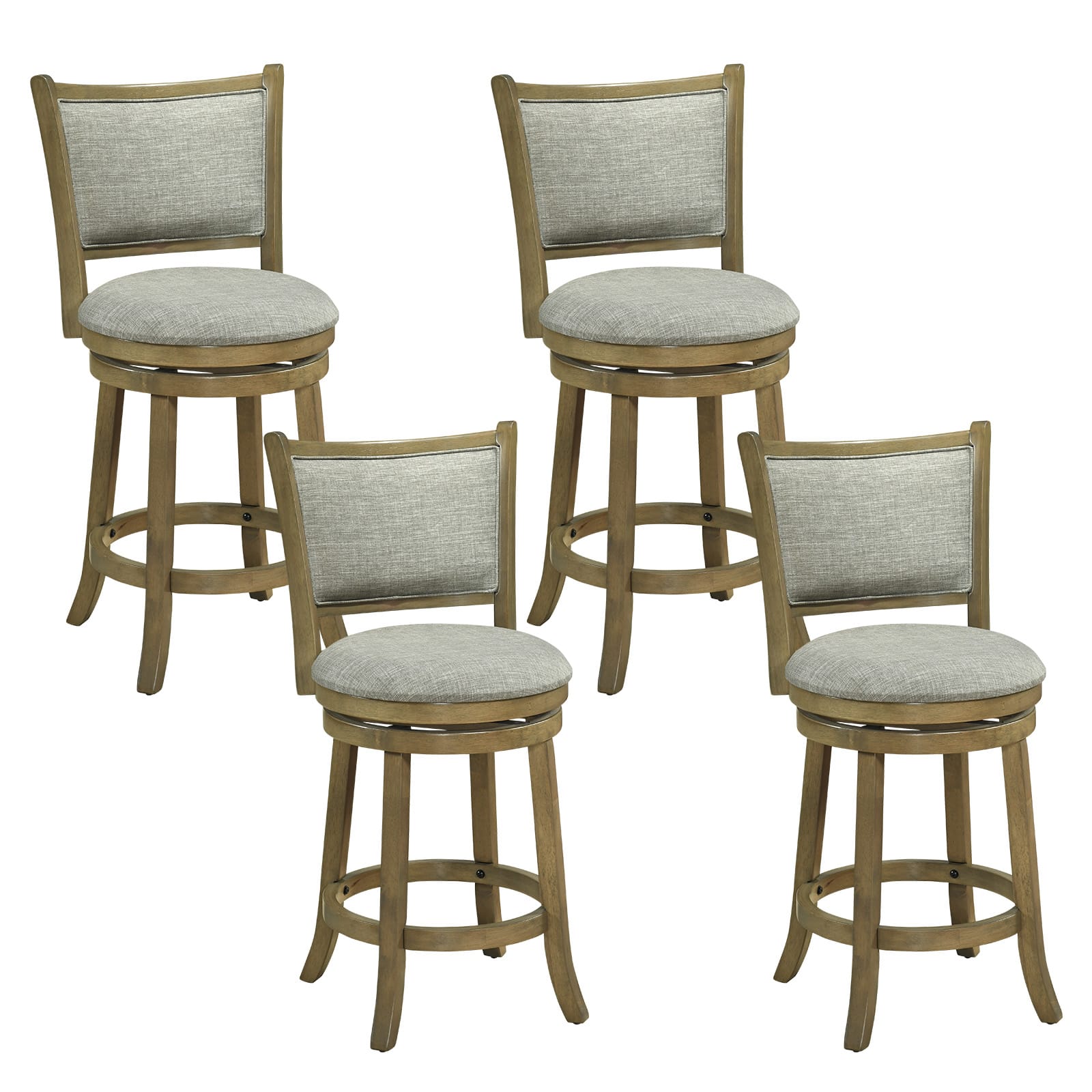 Costway - 25"Swivel Bar Stools Set of 4, with Backrests and Wood Frame,Upholstered Bar Chairs - Antique Gray,Light Gray
