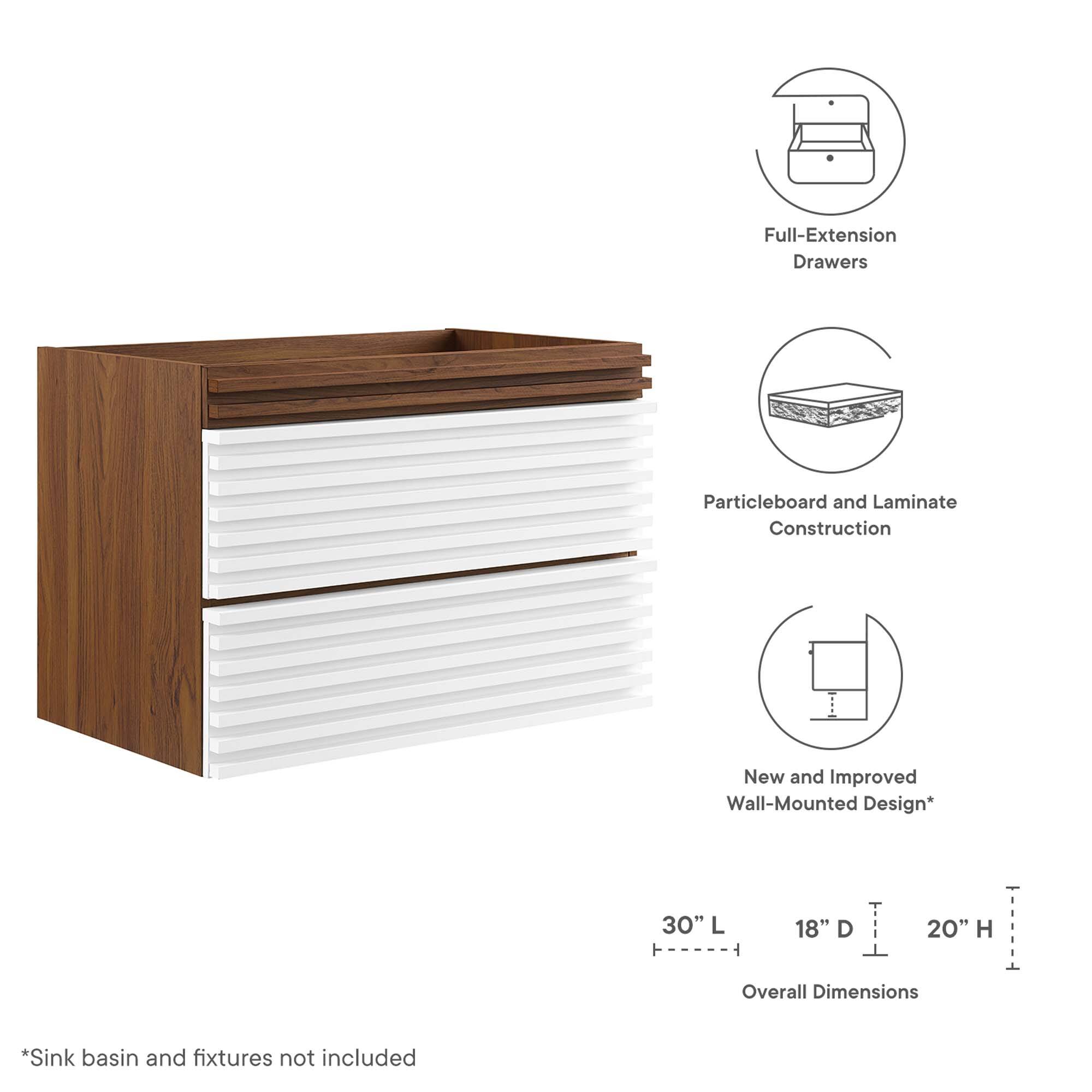 Full-Extension Drawers  
Particleboard and Laminate Construction  
New and Improved Wall-Mounted Design*  

30" L x 18" D x 20" H  
Overall Dimensions  

*Sink basin and fixtures not included