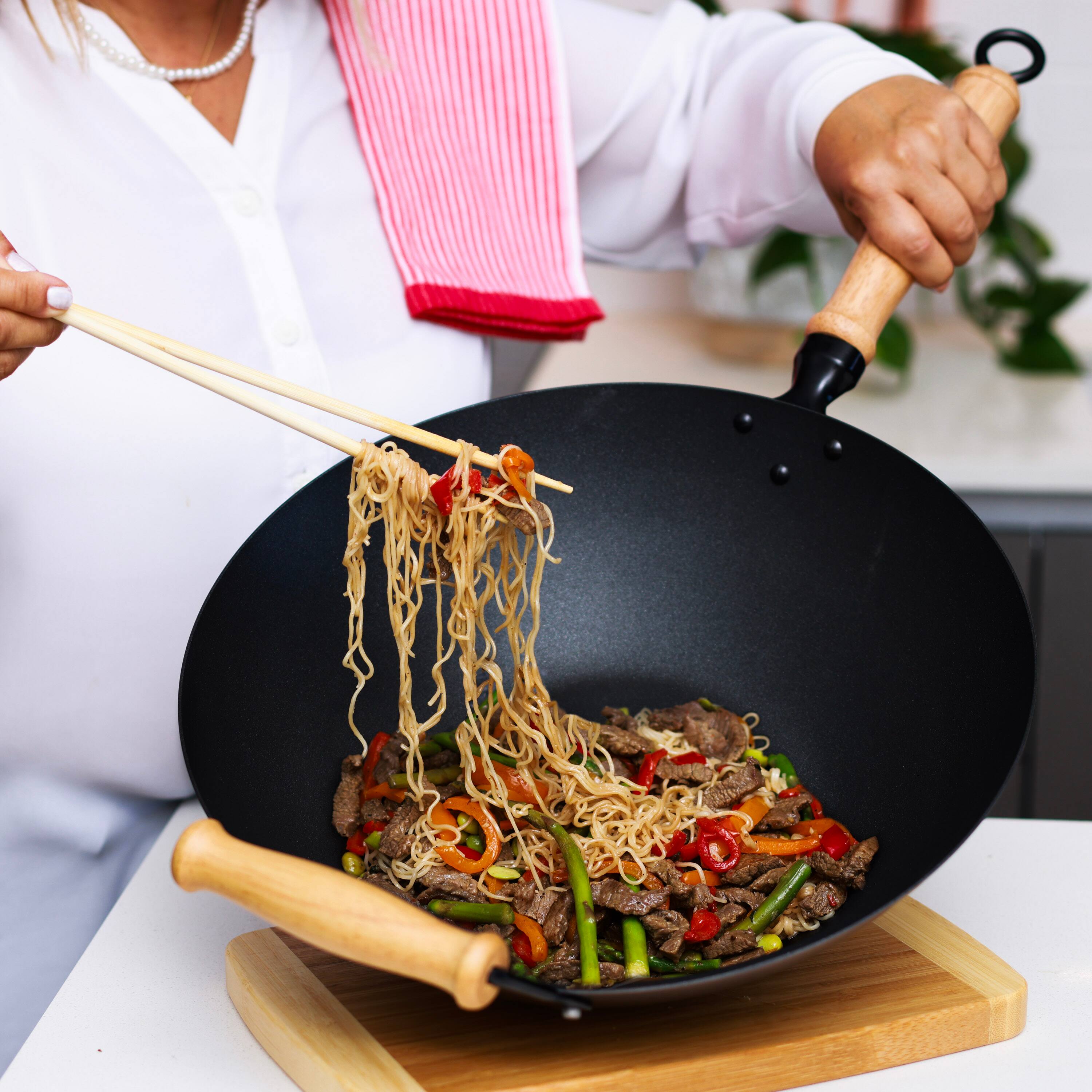 Alt View 1. Joyce Chen - Professional Series 14-Inch Carbon Steel Ceramic Nonstick Flat Bottom Wok Set with Lid and Maple Handles, 10 Pieces - Black.