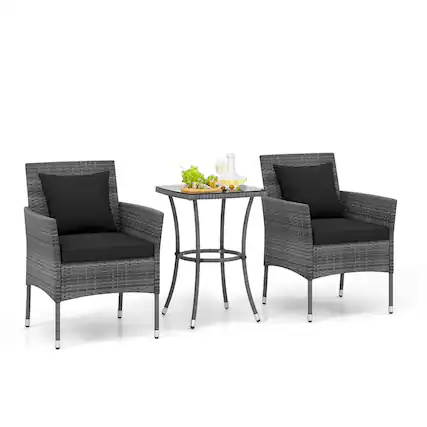 Front. Costway - Costway 3 PCS Patio Furniture Set with Cushioned Patio Chairs & Tempered Glass Coffee Table - Black.