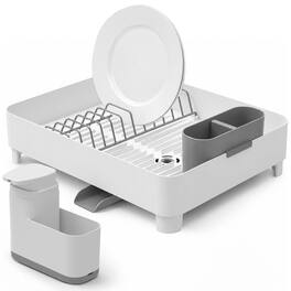 OU - Sink Organizer Set, Dish Rack with Drain Spout & 19 oz Soap Dispenser with Extended Sponge Holder - White