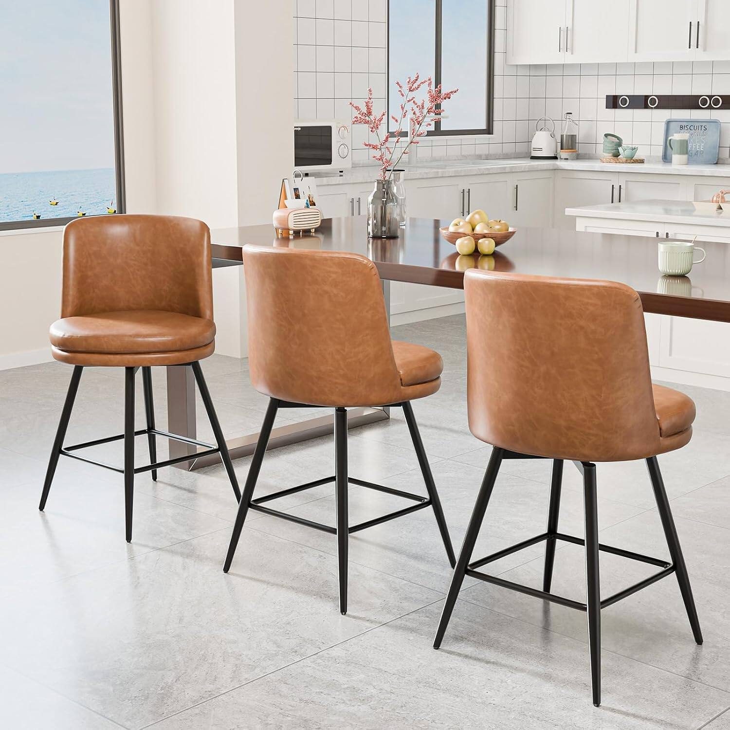 Alt View 5. Winado - 26" H Swivel Barstools PU Faux Leather Upholstered Counter Height Bar Stool Chair with Back, Round Seat, Metal Legs - Brown-Set of 4.