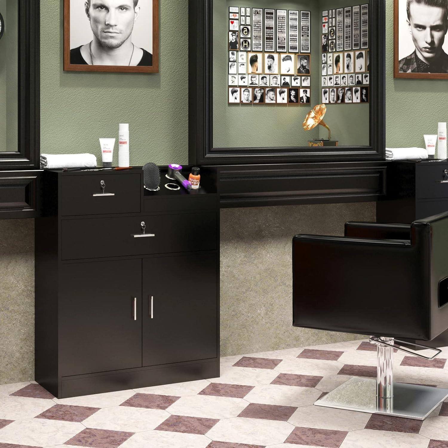Left. Winado - Salon Station Cabinet Hair Styling Station Barber Station with 2 Lockable Slide Drawers and Spacious Cabinet for Beauty - Black.