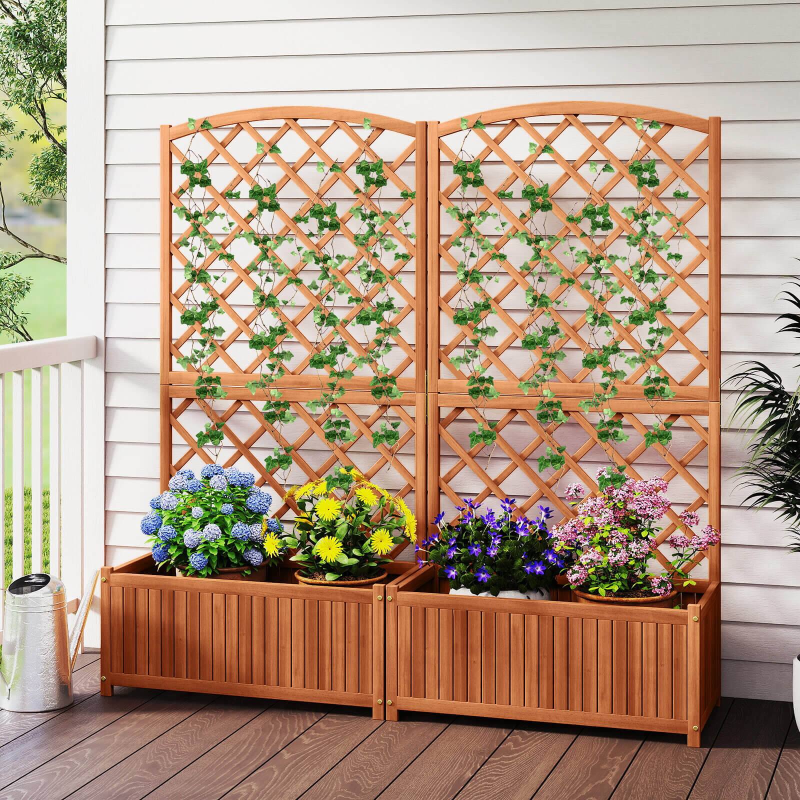 Alt View 1. Costway - Costway 2 PCS 63" Wood Planter Container with Diamond Trellis, Planter Box, Slat Base - Natural.