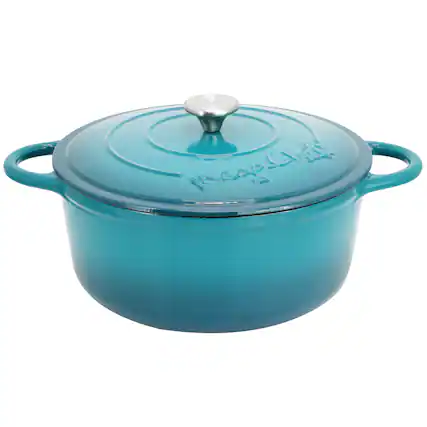 Front. MegaChef - MegaChef 6.35 Quart Round Enameled Cast Iron Dutch Oven with Self Basting Lid in Light Blue - Light Blue.