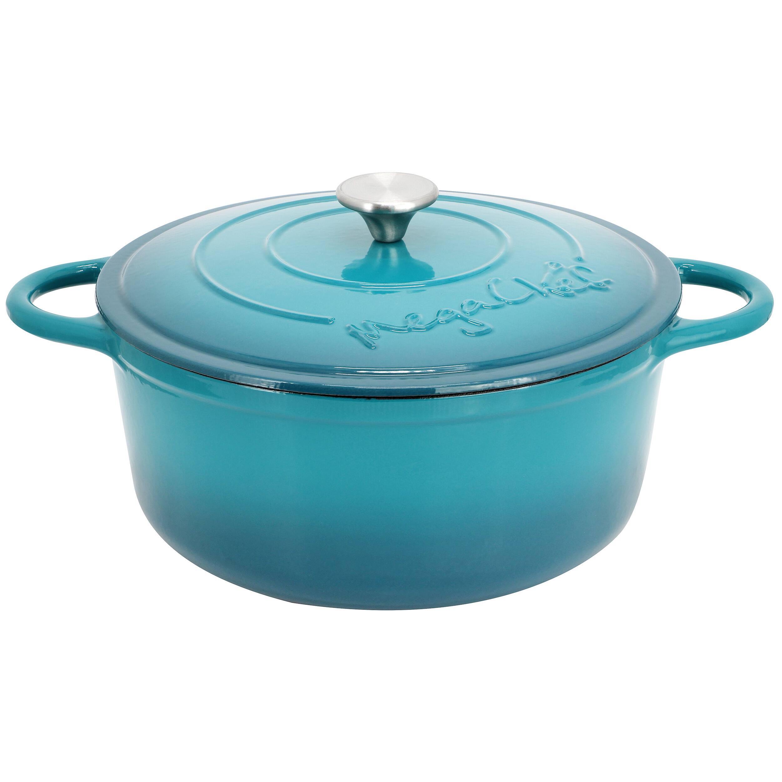 Front. MegaChef - MegaChef 6.35 Quart Round Enameled Cast Iron Dutch Oven with Self Basting Lid in Light Blue - Light Blue.