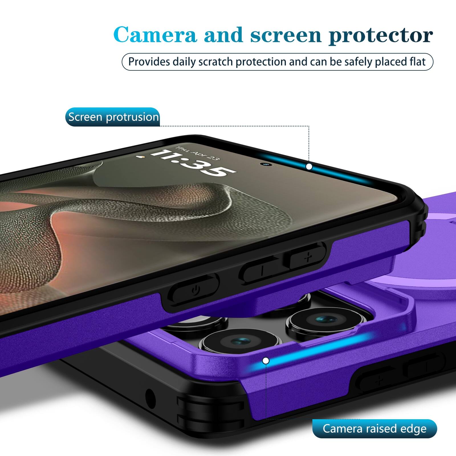 Camera and screen protector  
Provides daily scratch protection and can be safely placed flat  

Screen protrusion  
FANL 42 A 11:35  
Camera raised edge