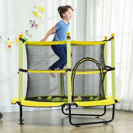 Front. Resenkos - 4.6-Foot Kids Trampoline with Safety Enclosure and Included Ball Pit - Blue - Yellow.